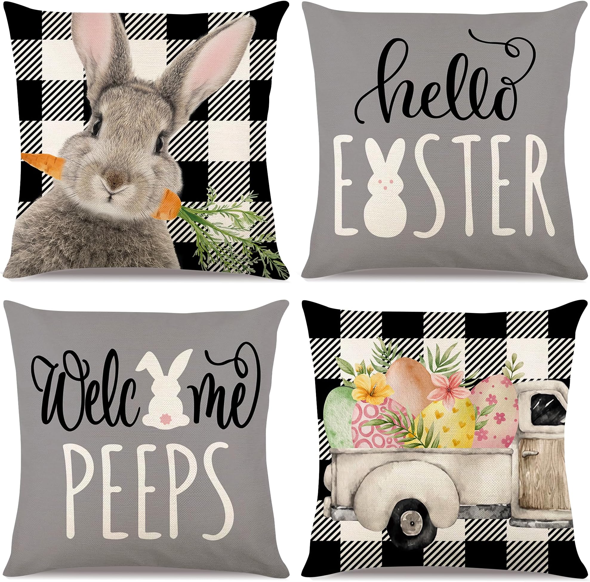 Easter Pillow Covers 16x16 Set of 4 Easter Decorations for Farmhouse Spring Home Decor Easter Decorative Throw Pillows Buffalo Plaid Rabbit Bunny Eggs Throw Pillow Cover(16 * 16)