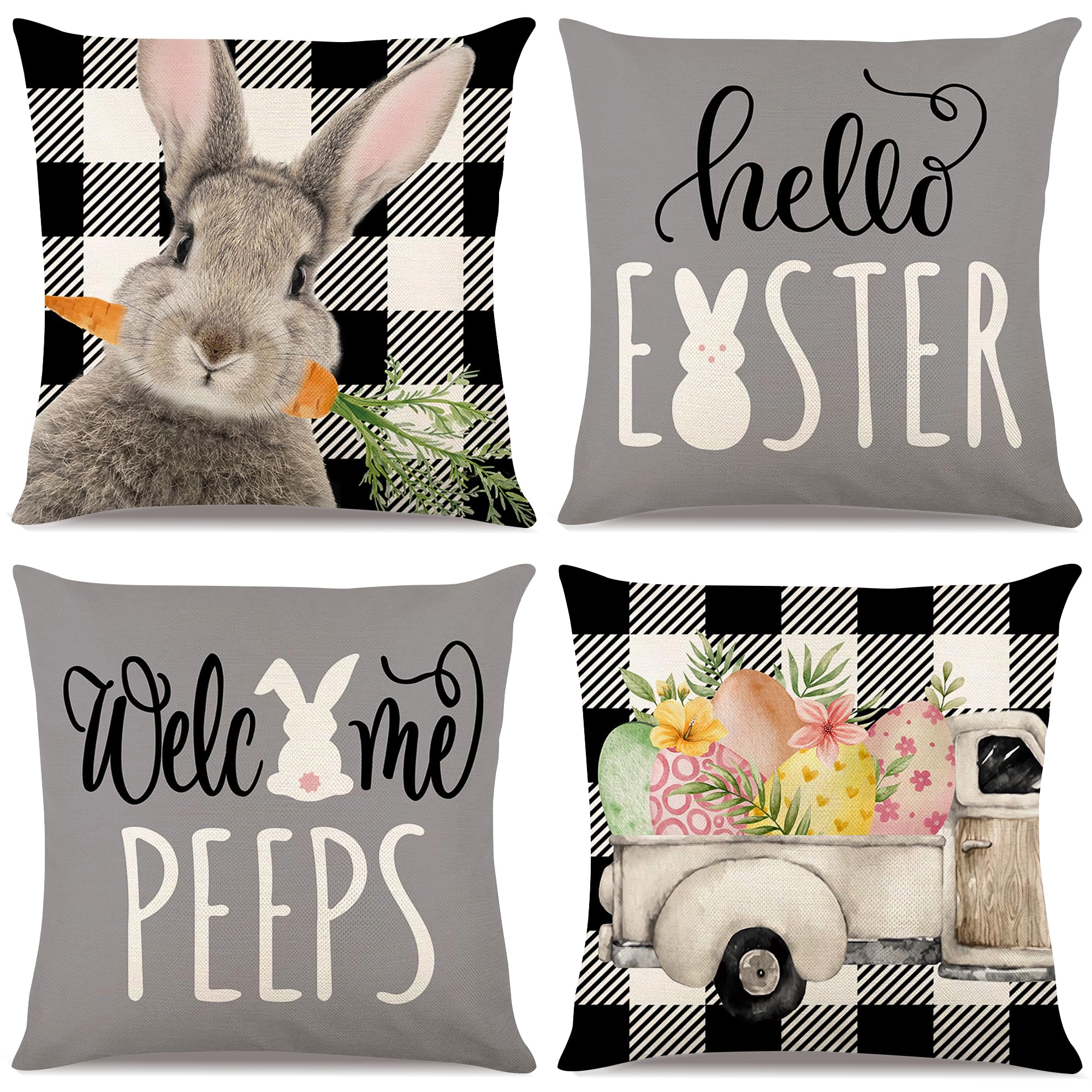 Easter Pillow Covers 16x16 Set of 4 Easter Decorations for Farmhouse Spring Home Decor Easter Decorative Throw Pillows Buffalo Plaid Rabbit Bunny Eggs Throw Pillow Cover(16 * 16)