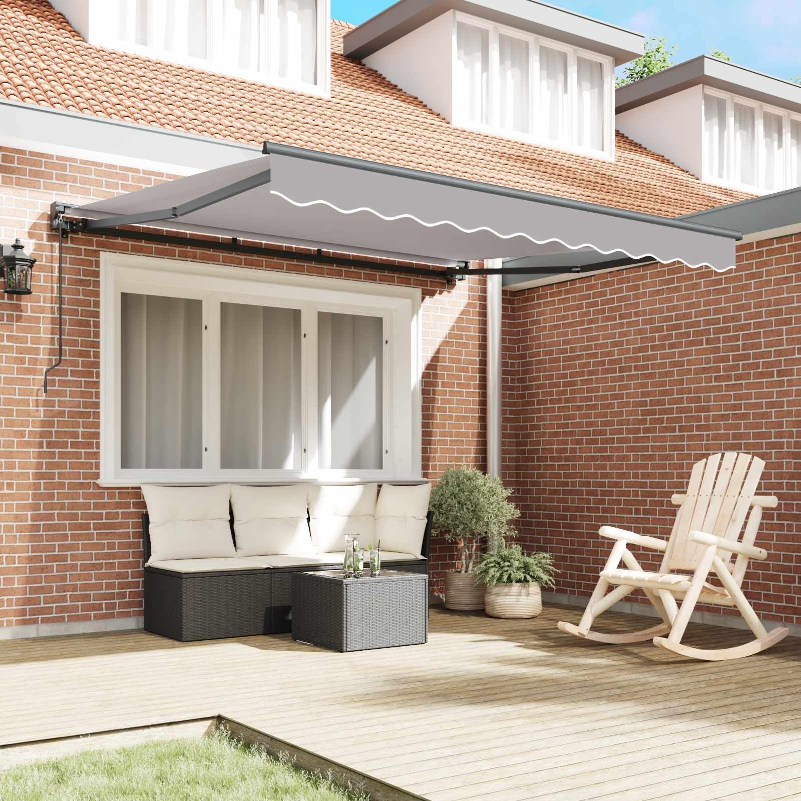 Tenda da sole retrattile con montaggio a parete, grigio chiaro, 300 x 250 cm, con tessuto in poliestere rivestito in poliuretano, telaio in acciaio e alluminio verniciato a polvere, manovella manuale
