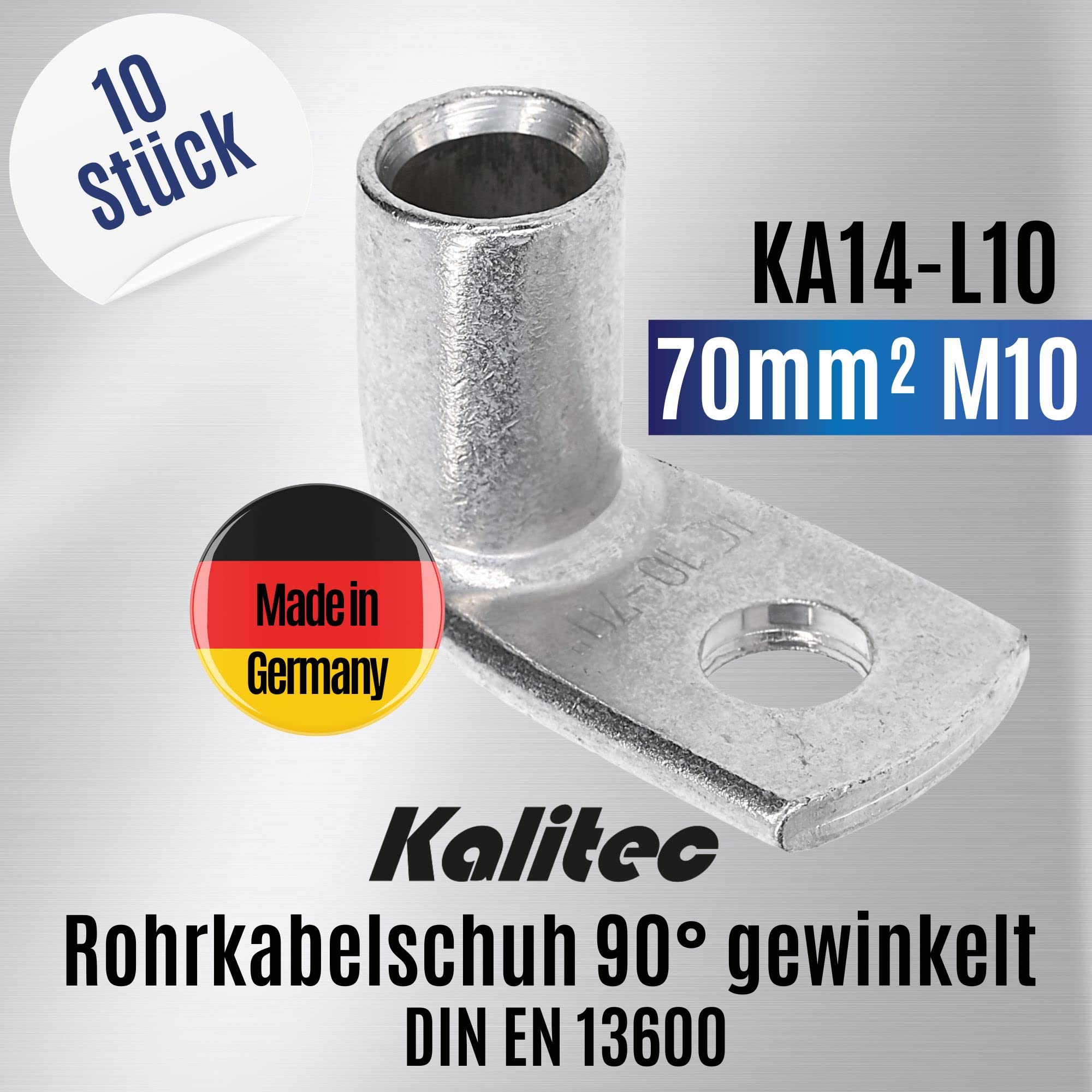 Kalitec 10x Terminales de Cable Tubular 70 mm² M10 - Conector Acodado 90° | Cobre galvanizado de alta pureza DIN EN 13600. Terminal de compresión para crimpadora, sistemas solares y automoción.