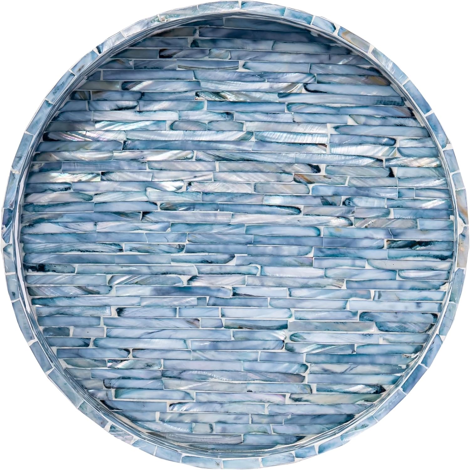 PEMAR 12.6” Mother of Pearls Lacquer Inlaid Round Serving Tray with Handles, Round Decorative Nacred Wooden Ottoman Coffee Table Tray (Blue Tiles)
