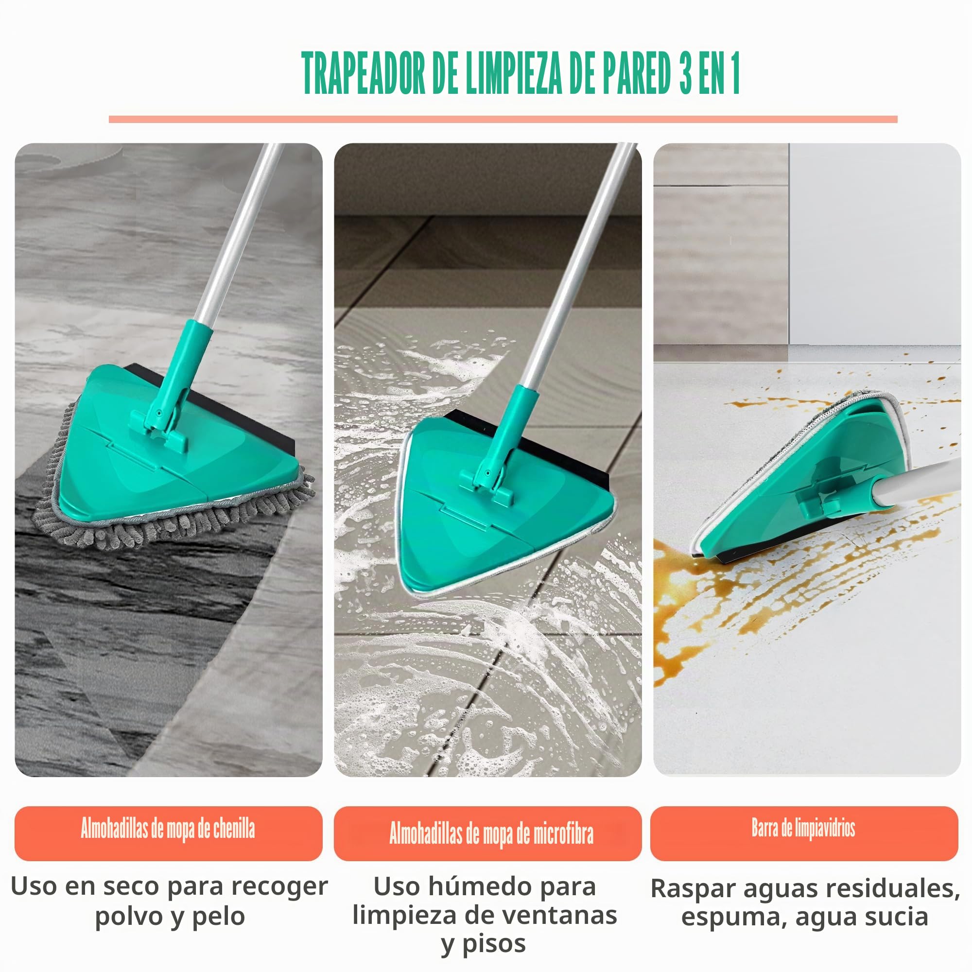 JEHONN Mopa Triangular de Mango Largo 200CM, Trapeador de Limpieza Azulejos Pared con 6 Almohadillas de Chenilla Microfibra, Adecuado para Paredes Pintadas, Ventanas, Suelos y Sustratos (Verde)