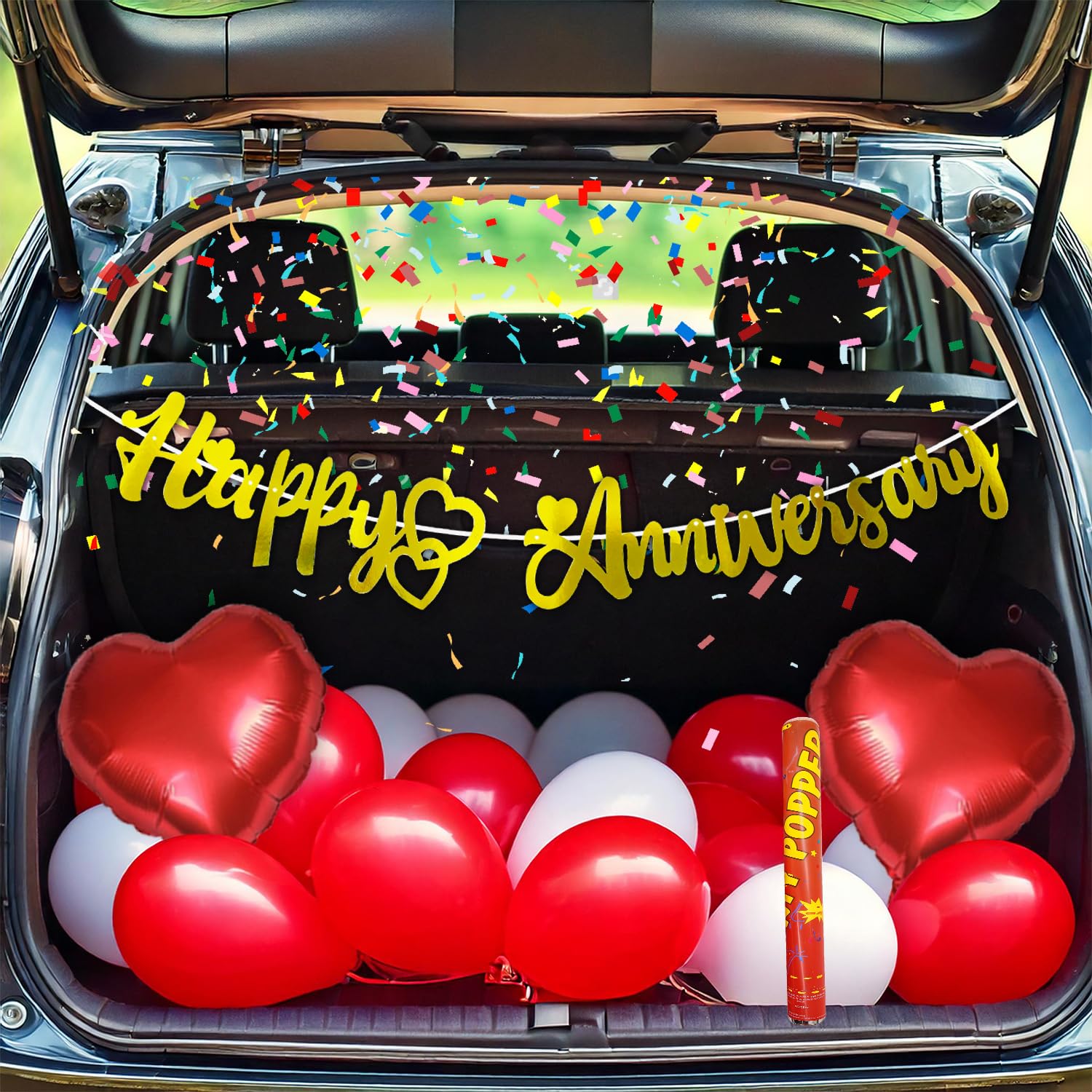Party Propz Anniversary Decoration Items - 24Pcs Car Boot Decoration Combo, Red Heart Balloons For Decorations, Happy Anniversary Decoration Kit, Confetti Popper (Cardstock, Foil, Latex)