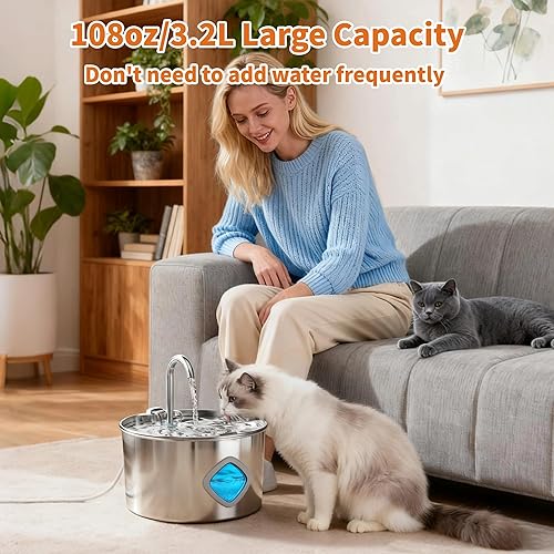 Miniatura 3 de Fuente de agua para gatos de acero inoxidable fuente para gatos de 108 oz3.2 L para beber - Fuentes de agua para mascotas para gatos en interiores -