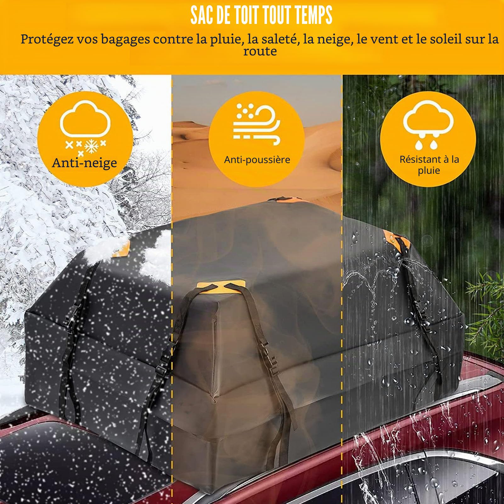 Sac de toit de voiture, coffre de toit de voiture, sac de rangement universel en tissu Oxford 425L 420D imperméable durable avec 8 larges sangles et boucles pour le camping, les voyages en plein air
