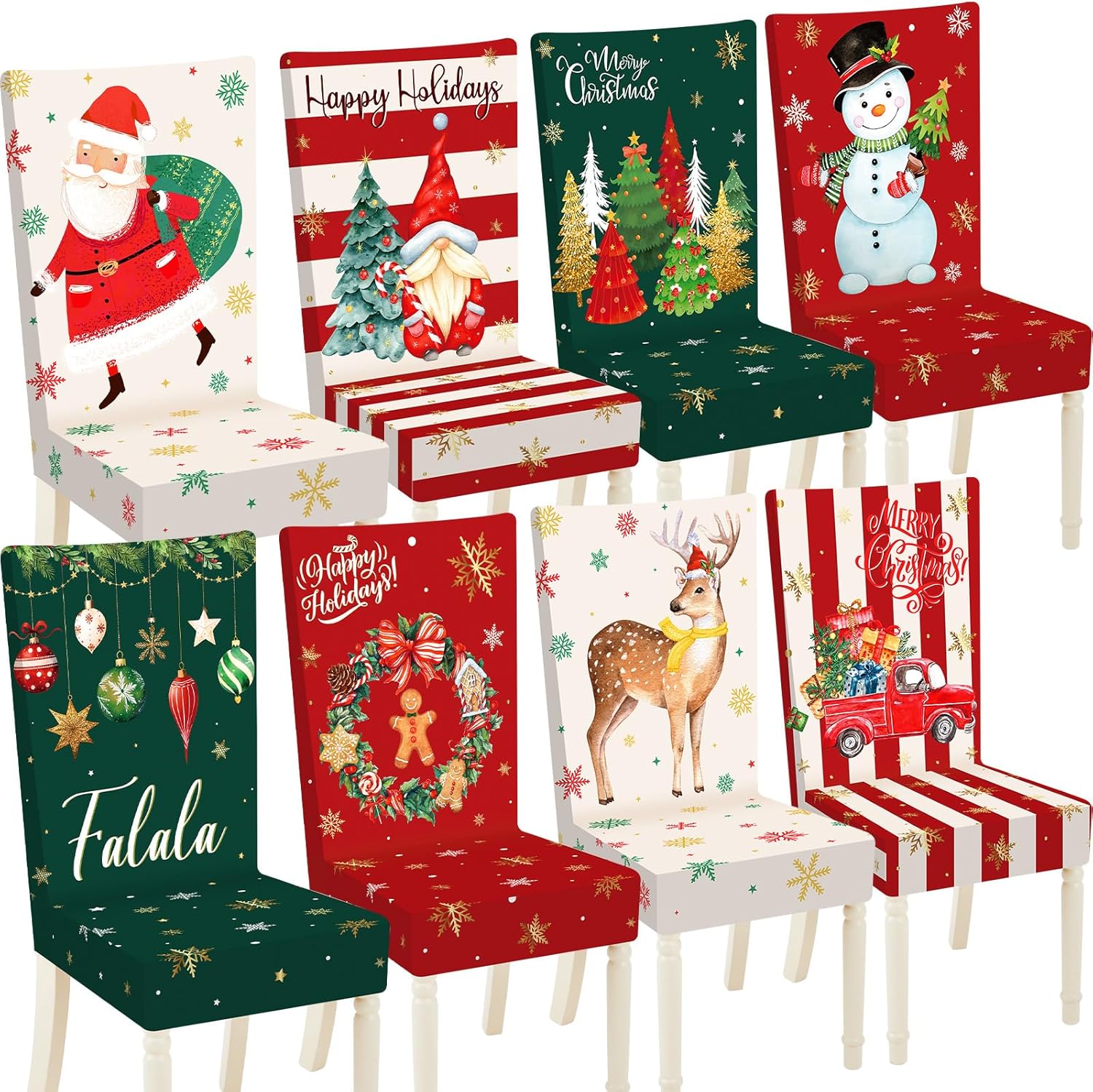 8 Pcs Christmas Chair Covers Santa Claus Xmas Stretch Chair Back Slipcovers Snowflake Snowman Gnome Tree Seat Cover Spandex Removable Washable Chair Protector for Dining Room Home (Stylish)