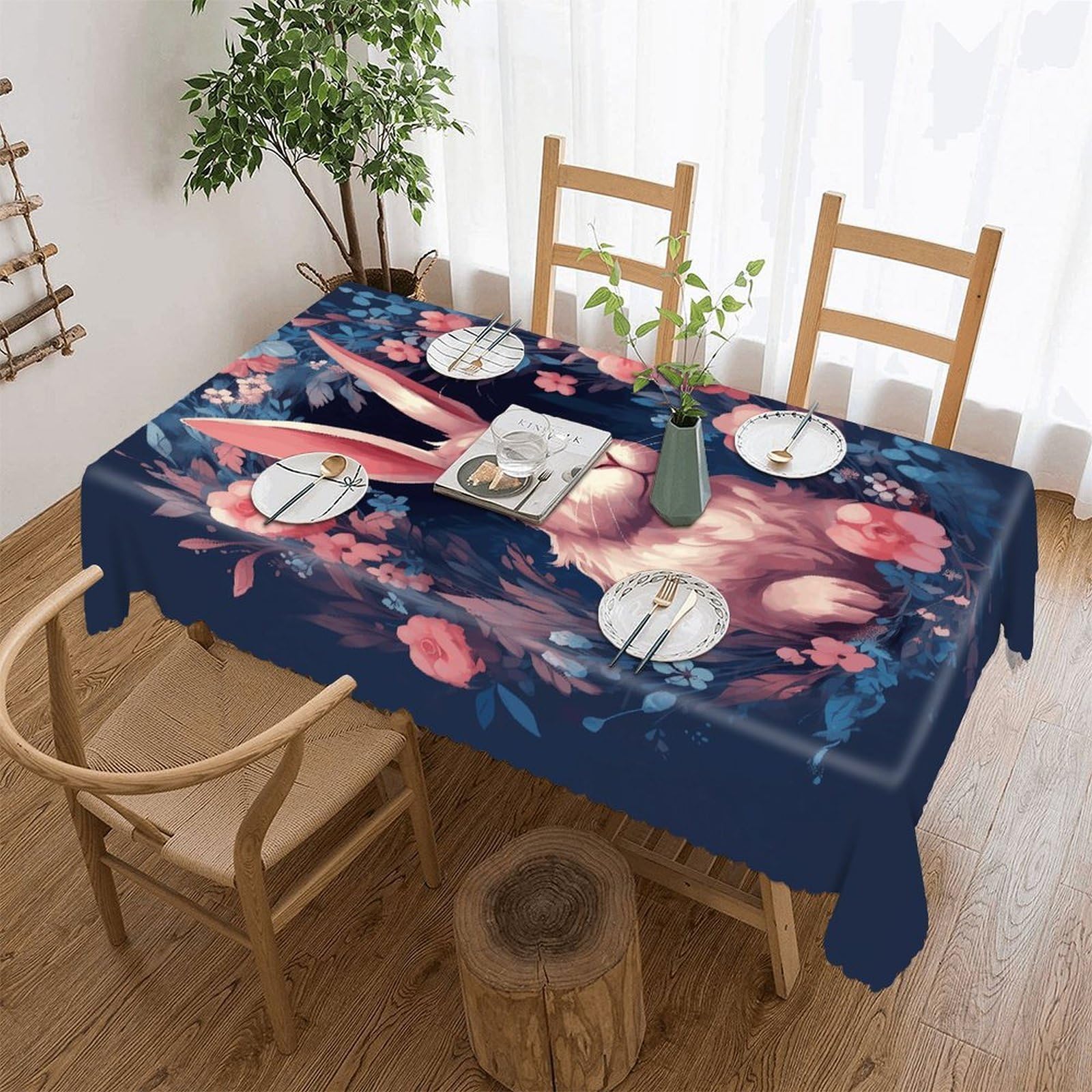 LOKLNEYK Rabbit in Garland Tablecloth Rectangle Table Cloth Decorative Fabric Table Cover Waterproof Seasonal Table Cover Wrinkle Resistant Washable Table Cloth for Party Picnic Dinner Decor 60"x120"