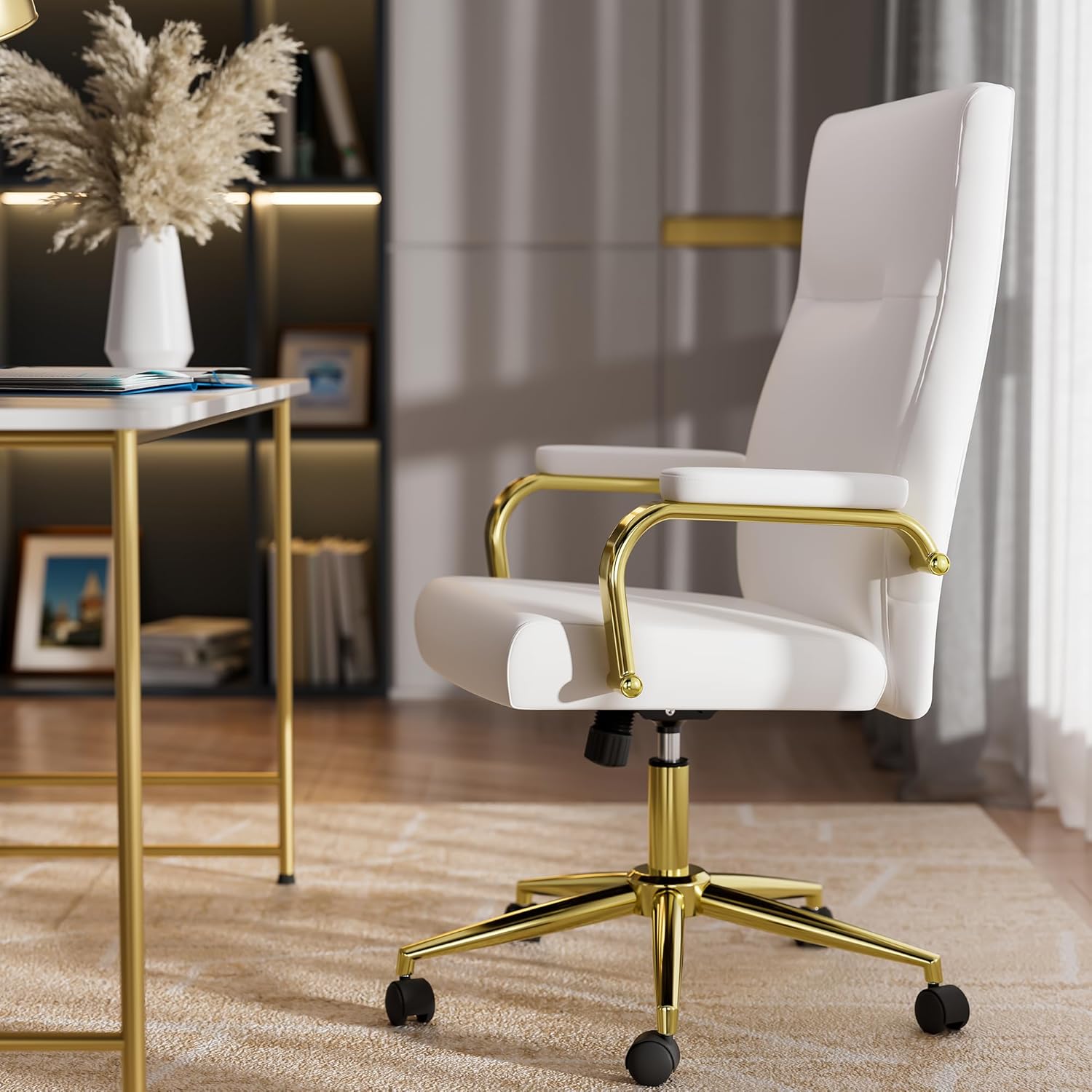 GXJ White and Gold Office Chair Memory Foam, White Leather Computer Desk Chairs with Wheels and Arms, High Back Executive Office Chair for Girl and Women