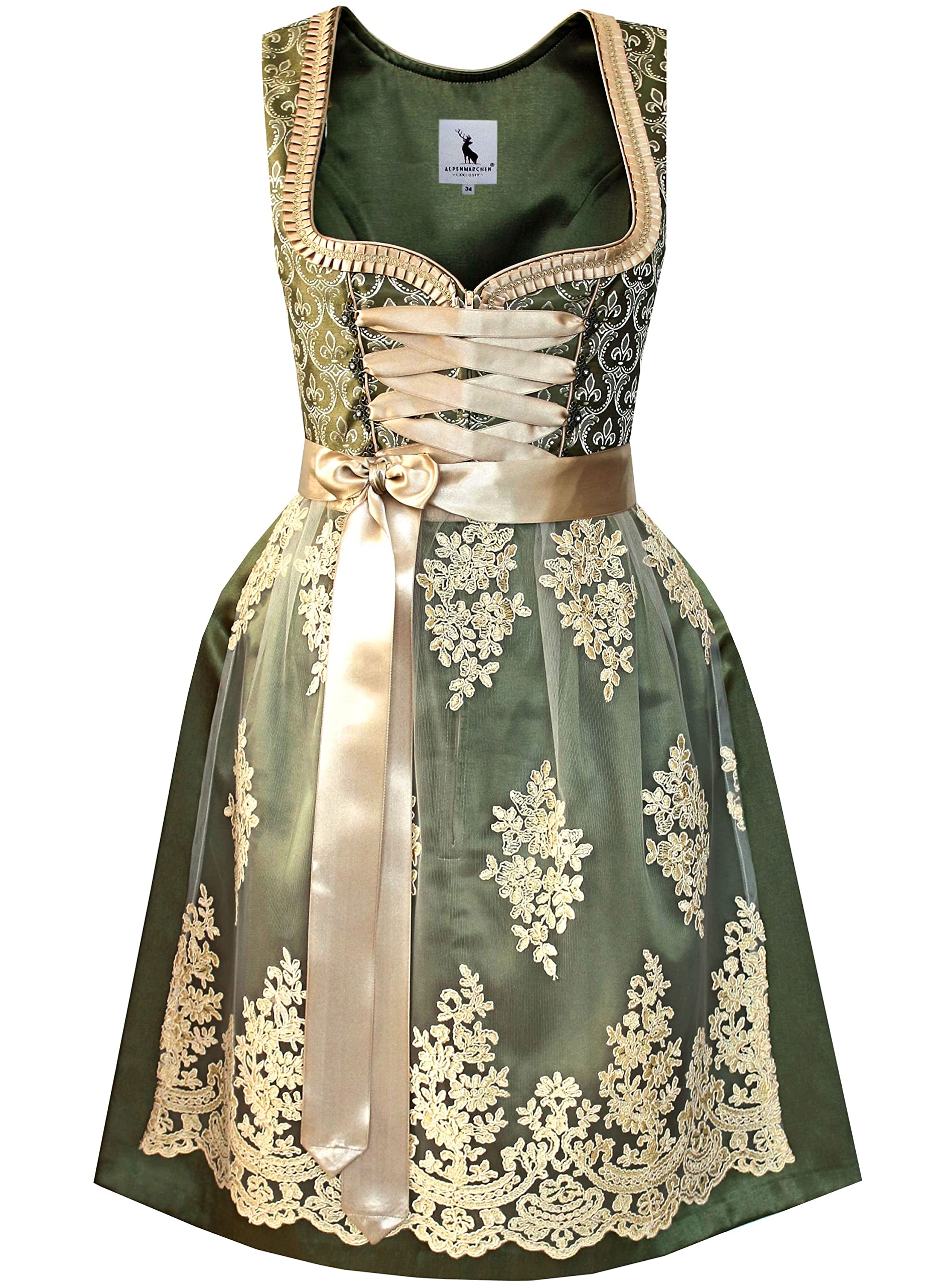 Alpenmärchen Midi Dirndl aus Exklusiver Kollektion inkl. Schürze Gr.32 - ALM915 Grün-creme 32