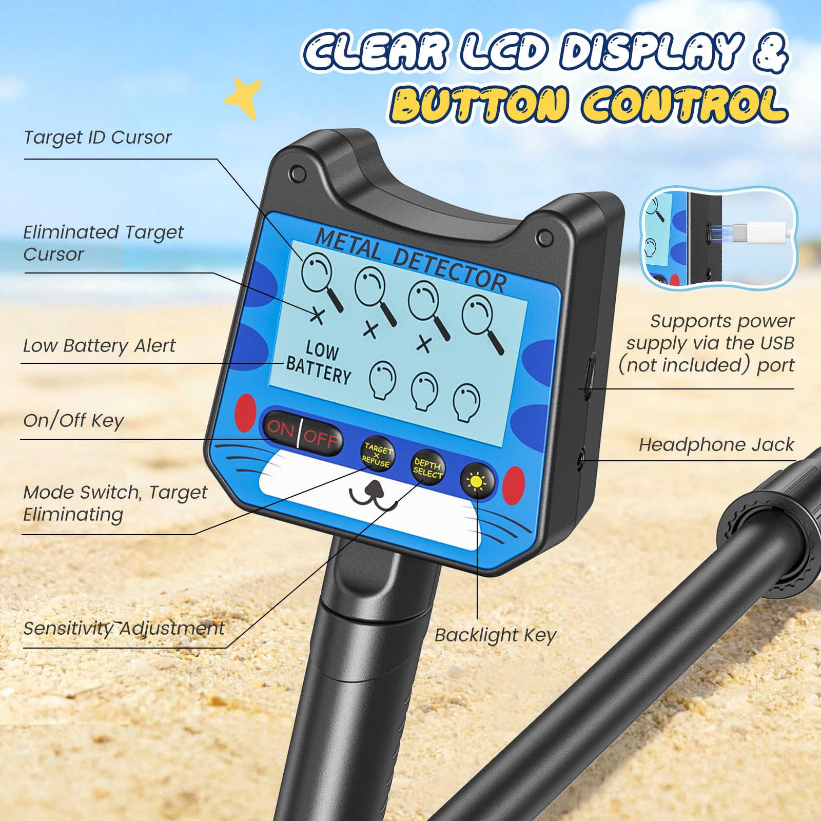 Detector de Metales Niño, Detector Ligero con Pantalla LCD e Indicación Sonora, IP68 Impermeable y Alta Sensibilidad, 2 Modos Kit de Caza del Tesoro para Niños Buscador de Oro (Azul)