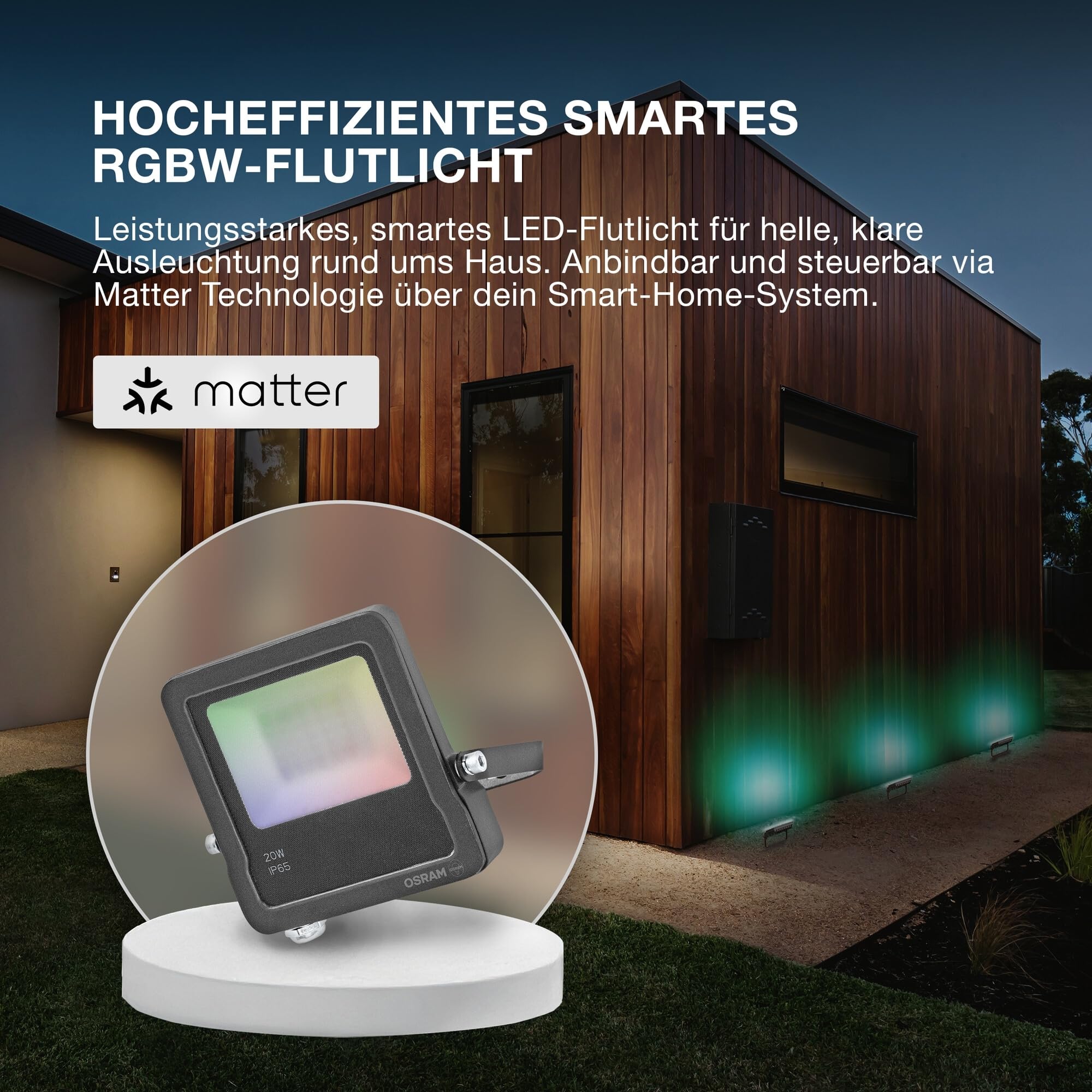 OSRAM SMART+ Matter Faretto LED, 20W, 1600lm, RGBW 16 milioni di colori, 3000K, WiFi, Matter, Alexa/Google, IP65