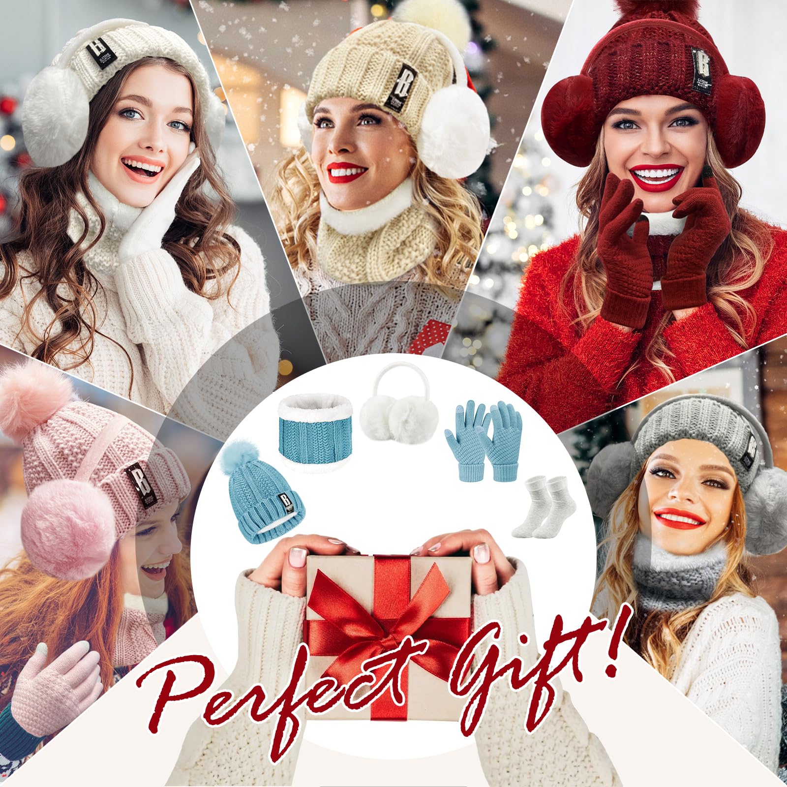 Tuopuda Gorro Bufanda Guantes Set para Mujer Gorro de punto Bufandas Guantes de Pantalla Táctil Orejeras de Invierno de Calentadores Suaves Calcetines Invierno Regalos Conjunto para Mujer