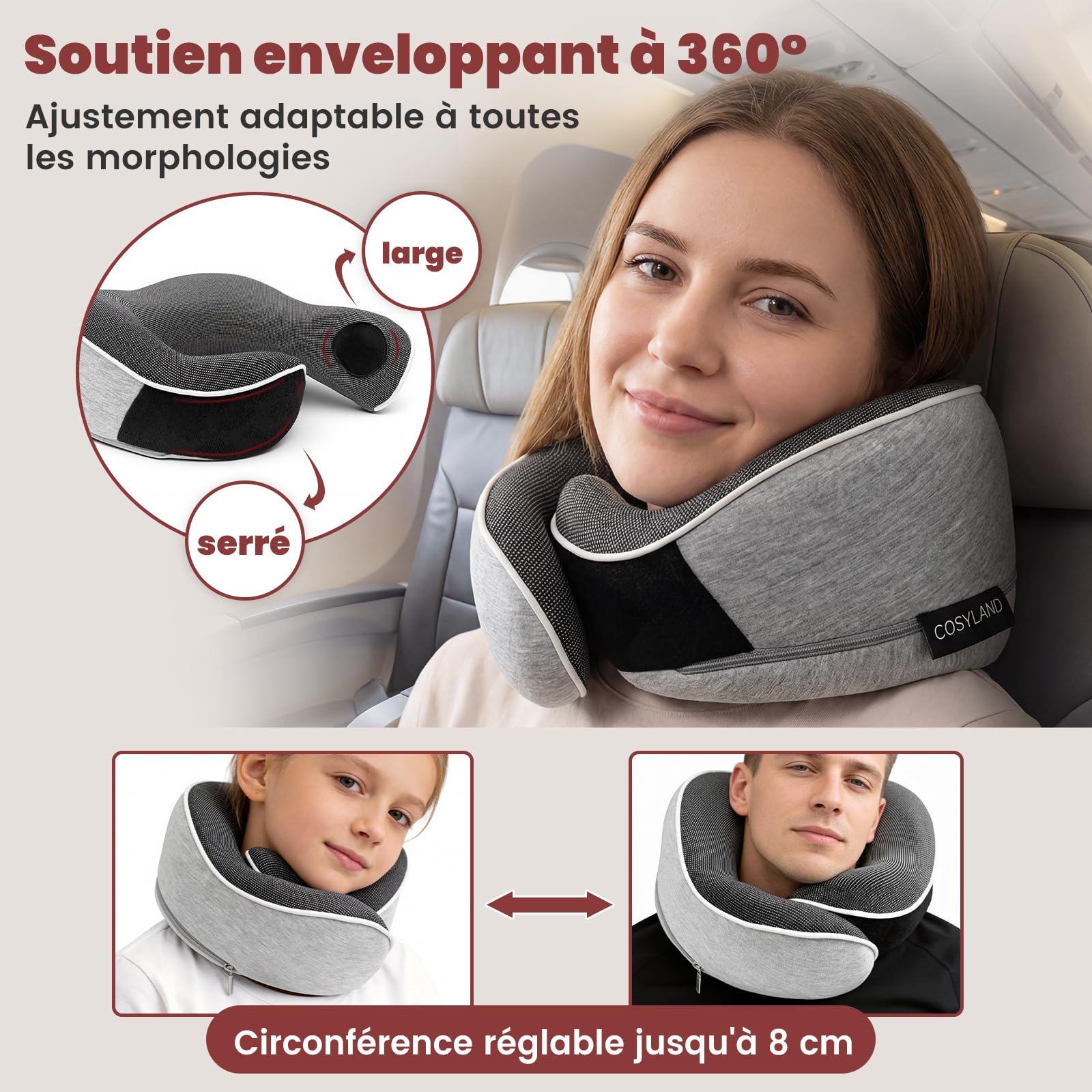 COSYLAND Coussin de Nuque en Mousse à mémoire de Forme pour Avion et Voiture - Support à 360° - Réglable - Cale-Nuque Ergonomique pour Adulte - avec Sac, Masque de Sommeil et Bouchons d'oreilles