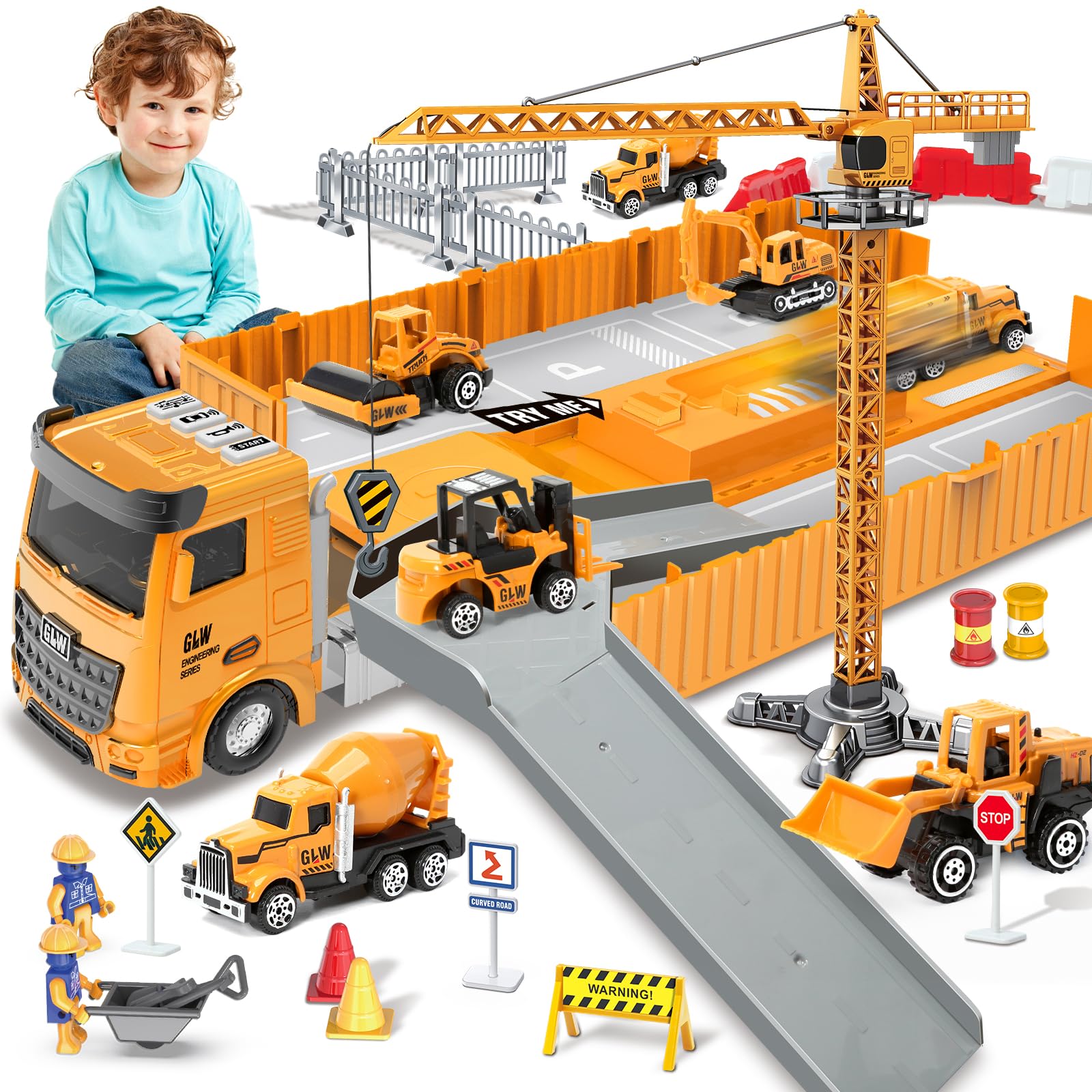 Construction Truck Set with Cargo Truck with Bulldozer, Tractor, Forklift, Mixer, Excavator, Crane and Dumper- Great Gift