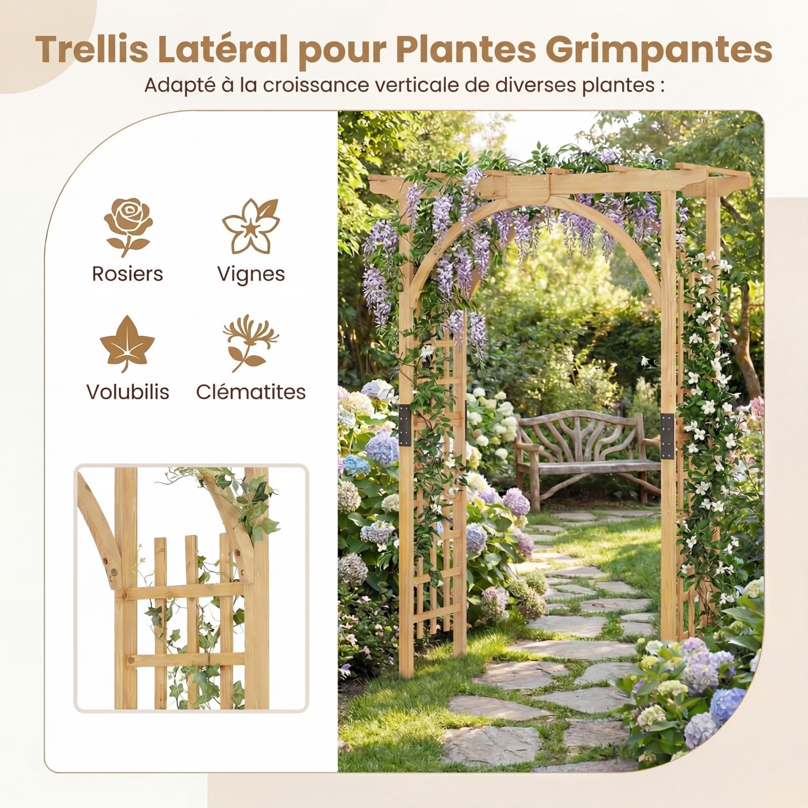 GYMAX Arche de Jardin en Bois Massif pour Plantes ou Fleurs Grimpantes, Arche en Treillis à Rosiers Lumières pour Décoration Extérieure de Fête Mariage, 134 x 213cm