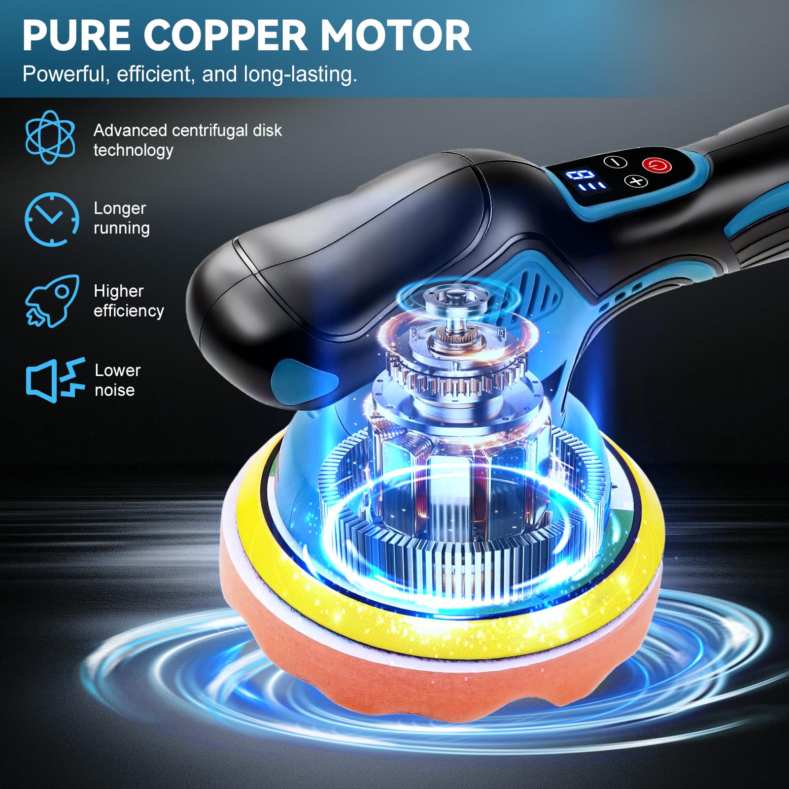 Pulidora para coche, 21 V, 8 velocidades, pantalla digital, 6 pulgadas, 150 mm, 580 W, máquina pulidora para coche, batería excéntrica, dos baterías, un cargador, pintura de coche, moto, muebles
