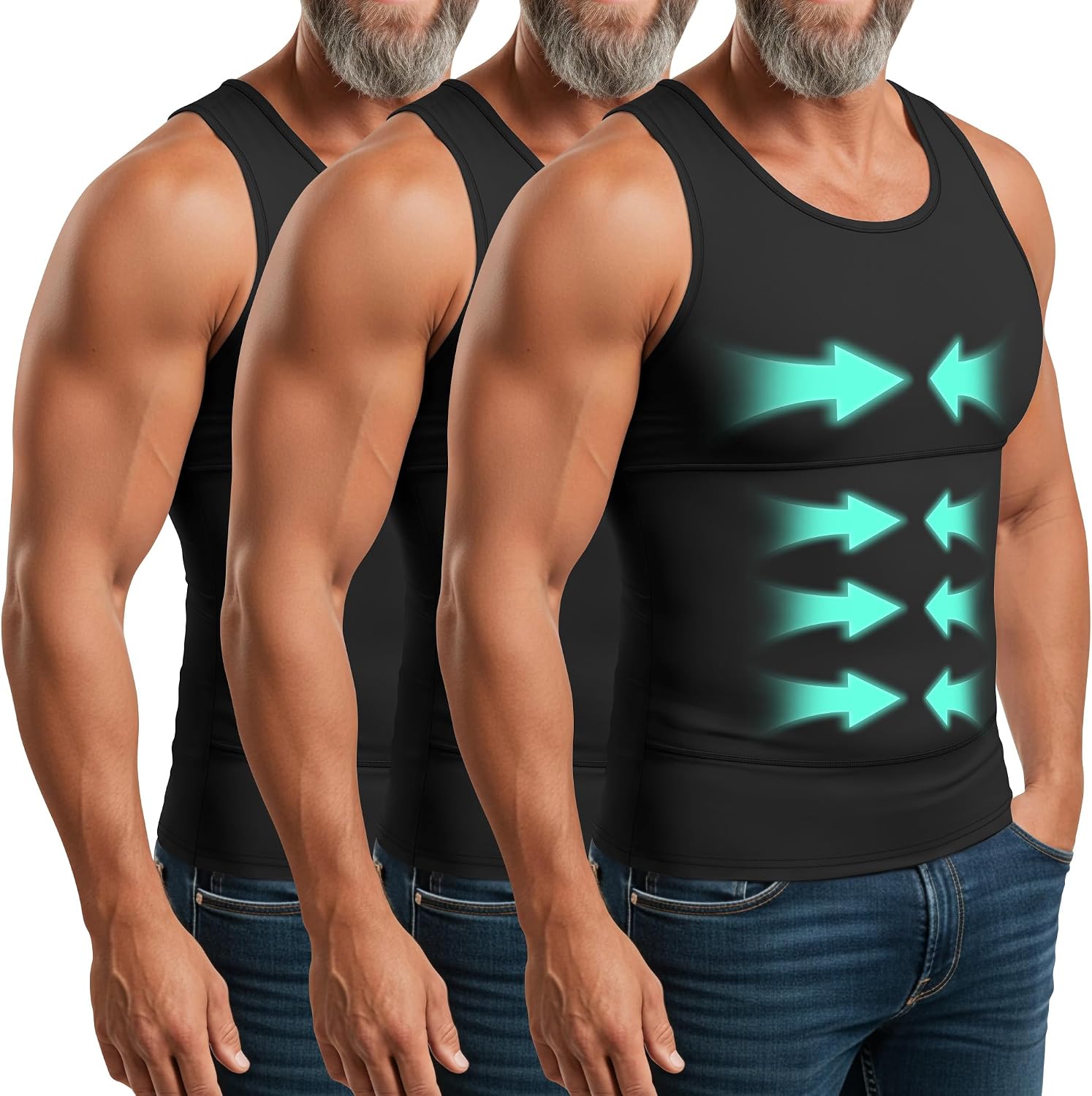August Alley 3 Pack Mens Slimming Compression Shirt Gynecomastia Body Shaper Vest Tummy Shapewear Tank Top Basic Undershirts(Black, Black, Black,Medium)