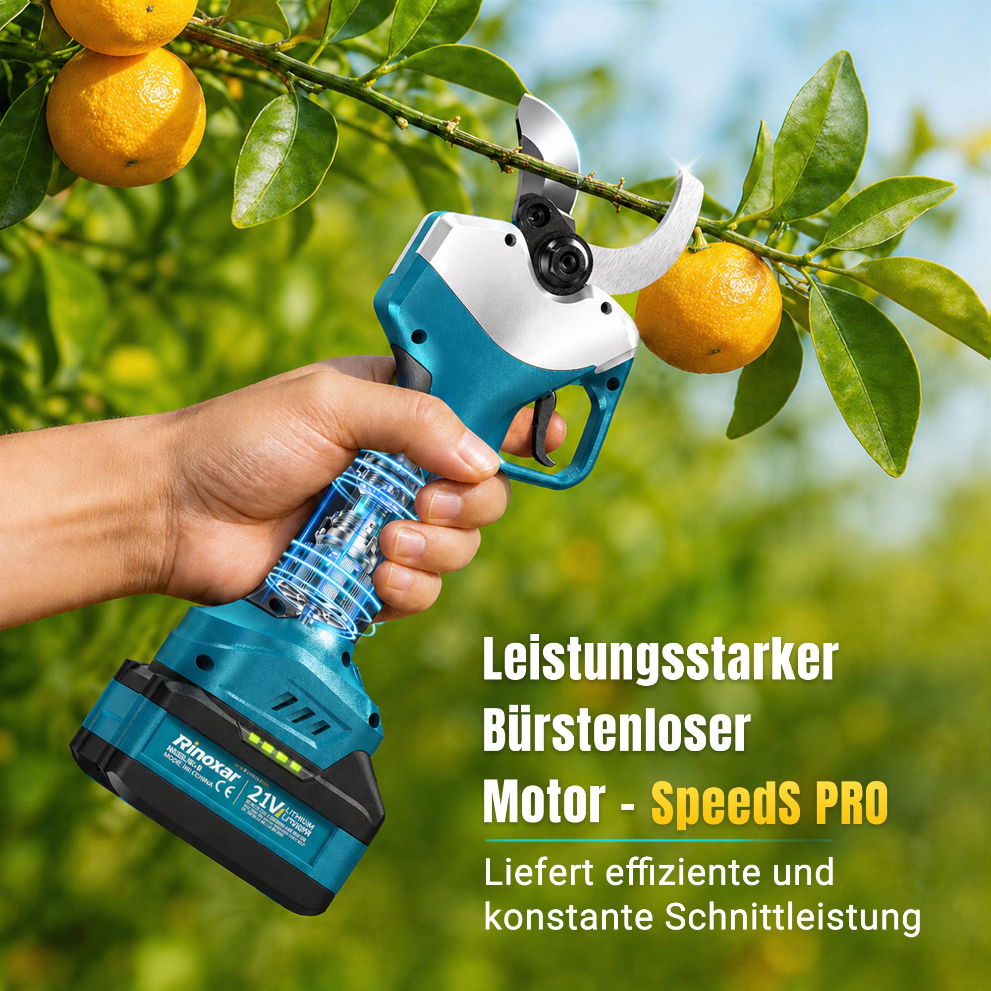Akku Astschere 50 mm Profi, Elektrische Gartenschere Kabellos mit 2 x 4000 mAh Akku, Bürstenloser Motor, LCD-Display, Astschneider für Garten, Äste und Obstbäume