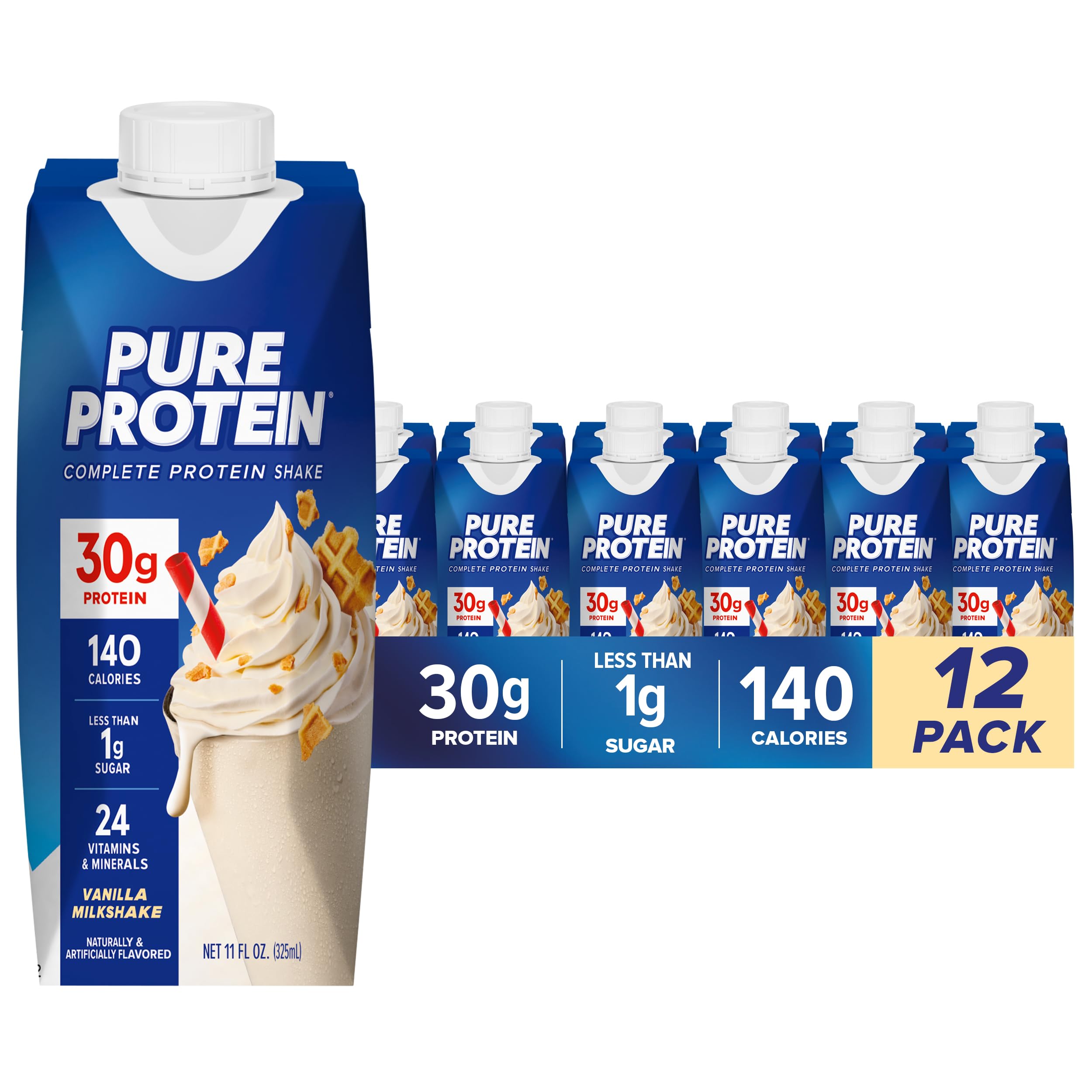 Pure Protein Shake proteico de baunilha com 30 g de proteína, 12 garrafas