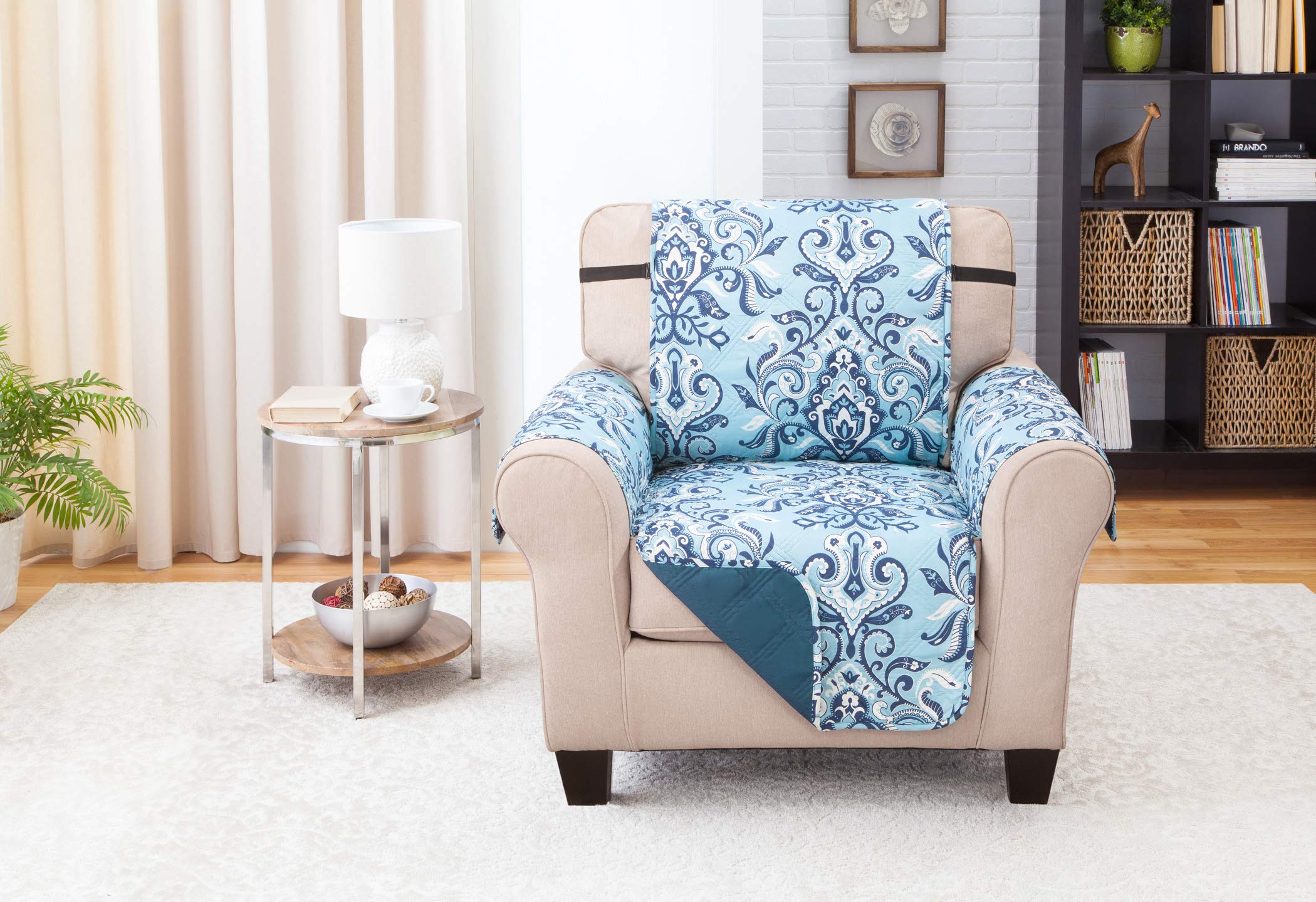 Couch Guard Chair Cover, Sofa Slipcover, Furniture Protector. Shield & Protects from Dogs, Cats, Pets, Kids, Stains. Reversible, Quilted with Elastic Strap. Easy Wash & Dry. Jory Blue & Blue