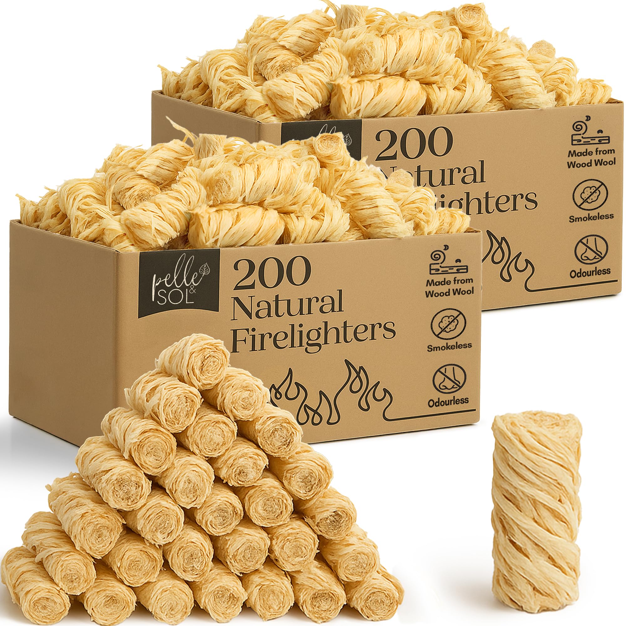 Pelle & Sol 400 Natural Firelighters – Long Burning Fire Lighters for Wood Burners, BBQ Lighter, Pizza Ovens, Open Fires – Quick Light Fire Starter, Log Burner Accessories - Eco Firelighters