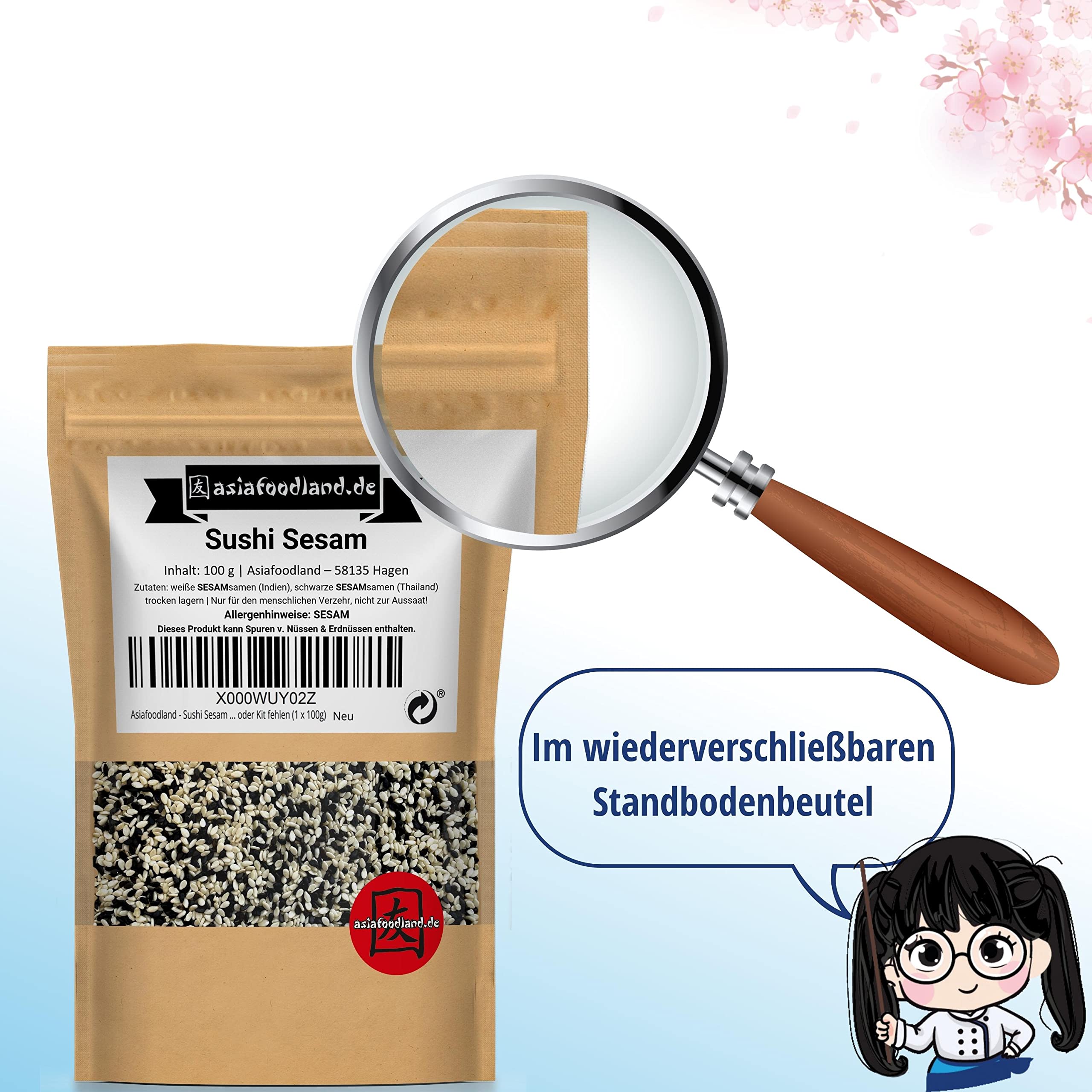 Asiafoodland - Sushi Sesam Mix - weißer und schwarzer Sesam für Inside Out und California Rolls - super als Topping und Deko - darf in keinem Set oder Kit fehlen, 8er Pack (8 x 100 g)