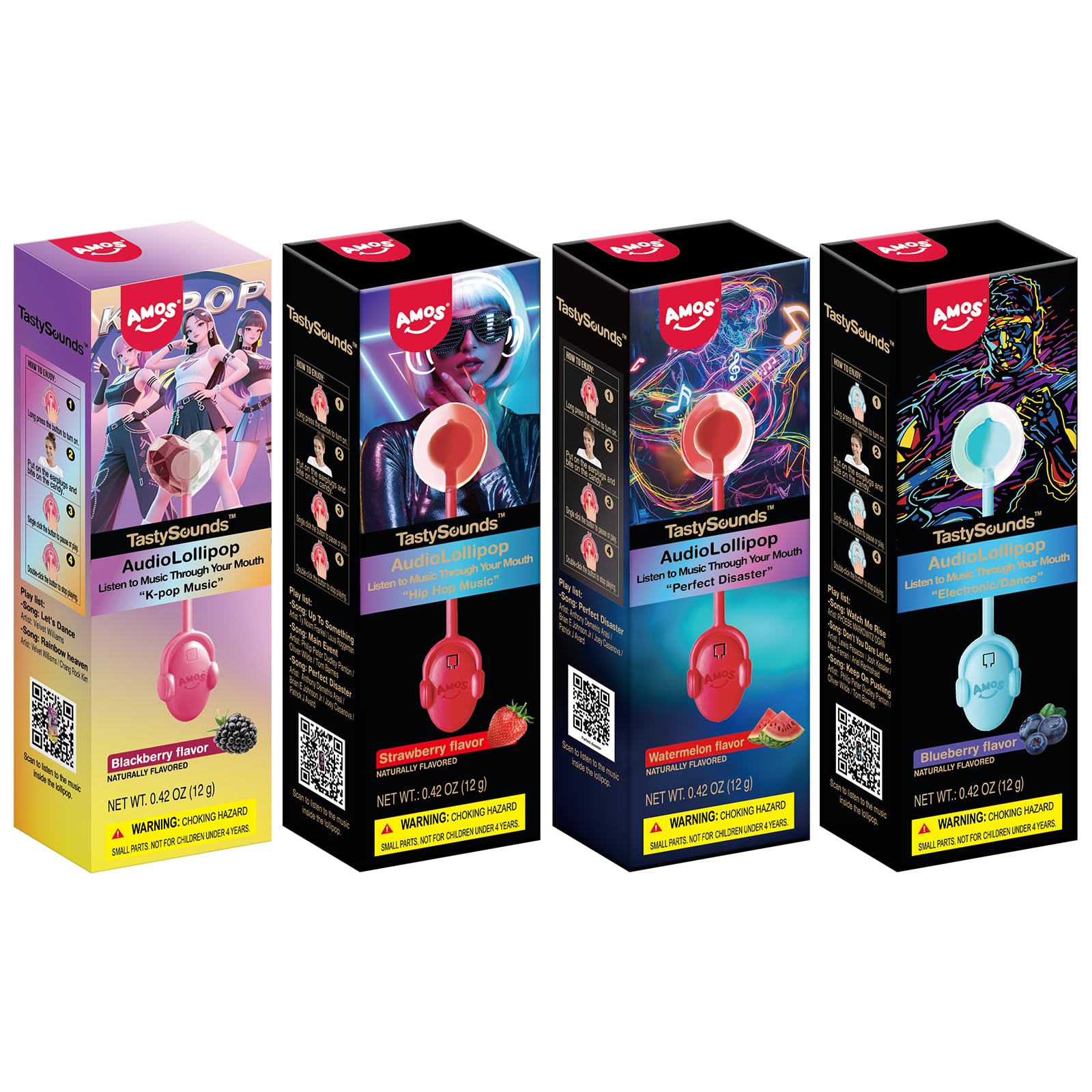 Amos TastySounds Audio Music Lollipop Candy – Singing Music Lollipop Suckers, Sugar-Free, 4-Pack Variety (Strawberry, Blueberry, Cola, Watermelon), Individually Wrapped
