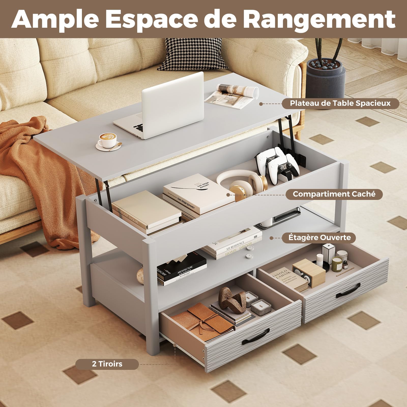 GOPLUS Table Basse Relevable avec Rangement, Table Basse avec Plateau Relevable, Compartiment Caché, Étagère Ouverte et 2 Tiroirs,Rectangulaire pour Salon