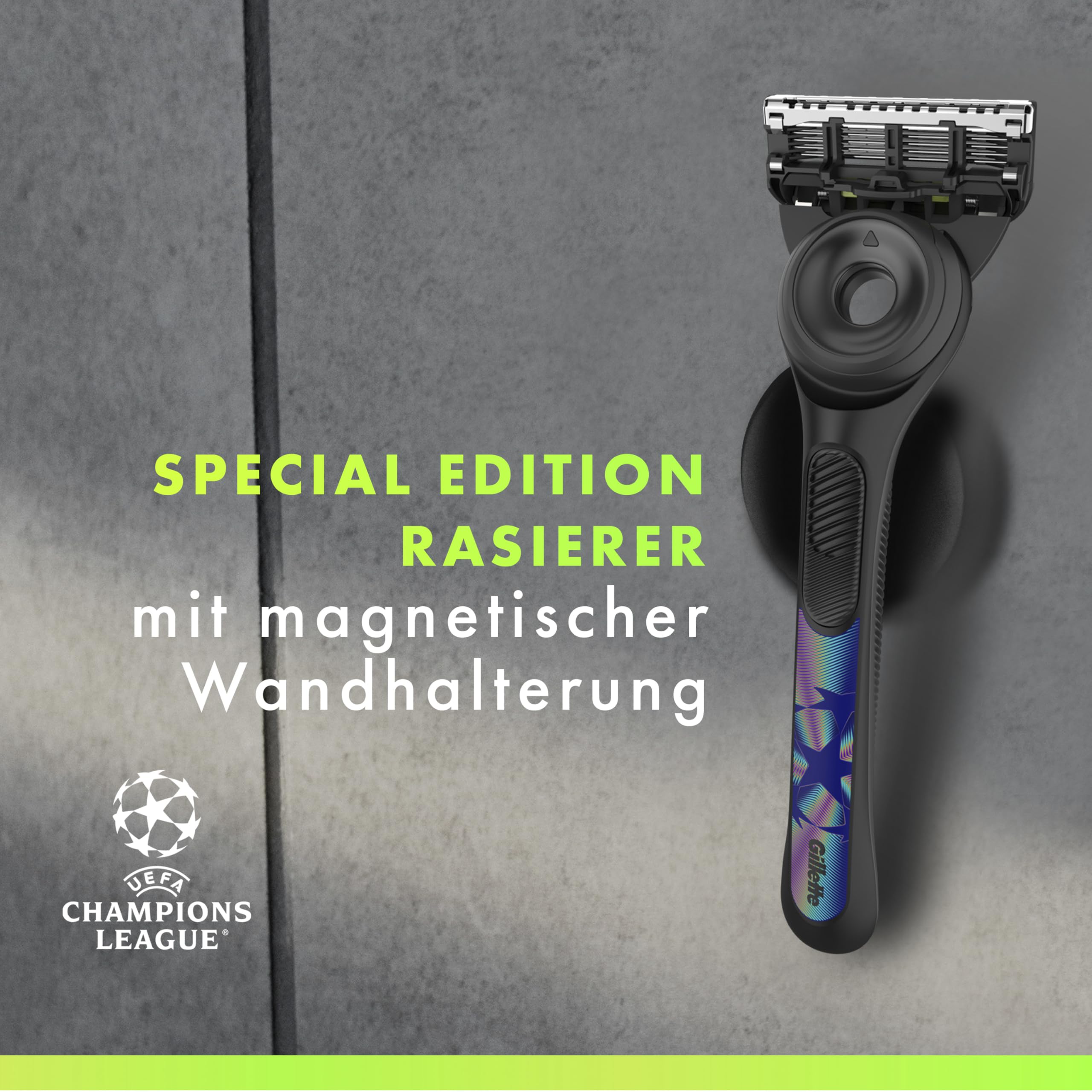 Gillette Labs Rasierer Herren Nass, UEFA Champions League Special Edition — Inkl. 1 Nassrasierer, 1 Ersatzklinge, 1 Handstück mit Wandhalterung für Einfache Lagerung und Rasiergel 198ml