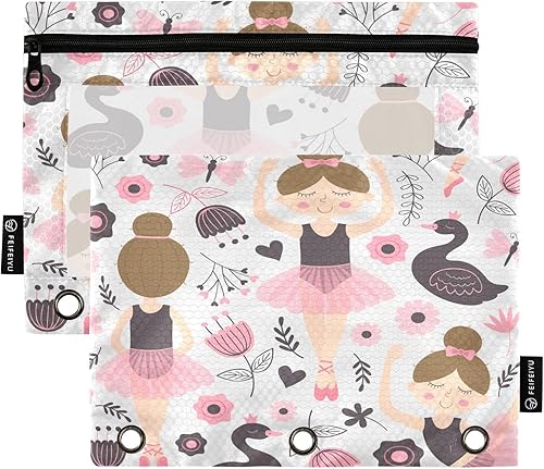 Linda bolsa de lápices de bailarina para carpeta de 3 anillos, 2 bolsas para lápices con cremallera, estuche transparente con cremallera para