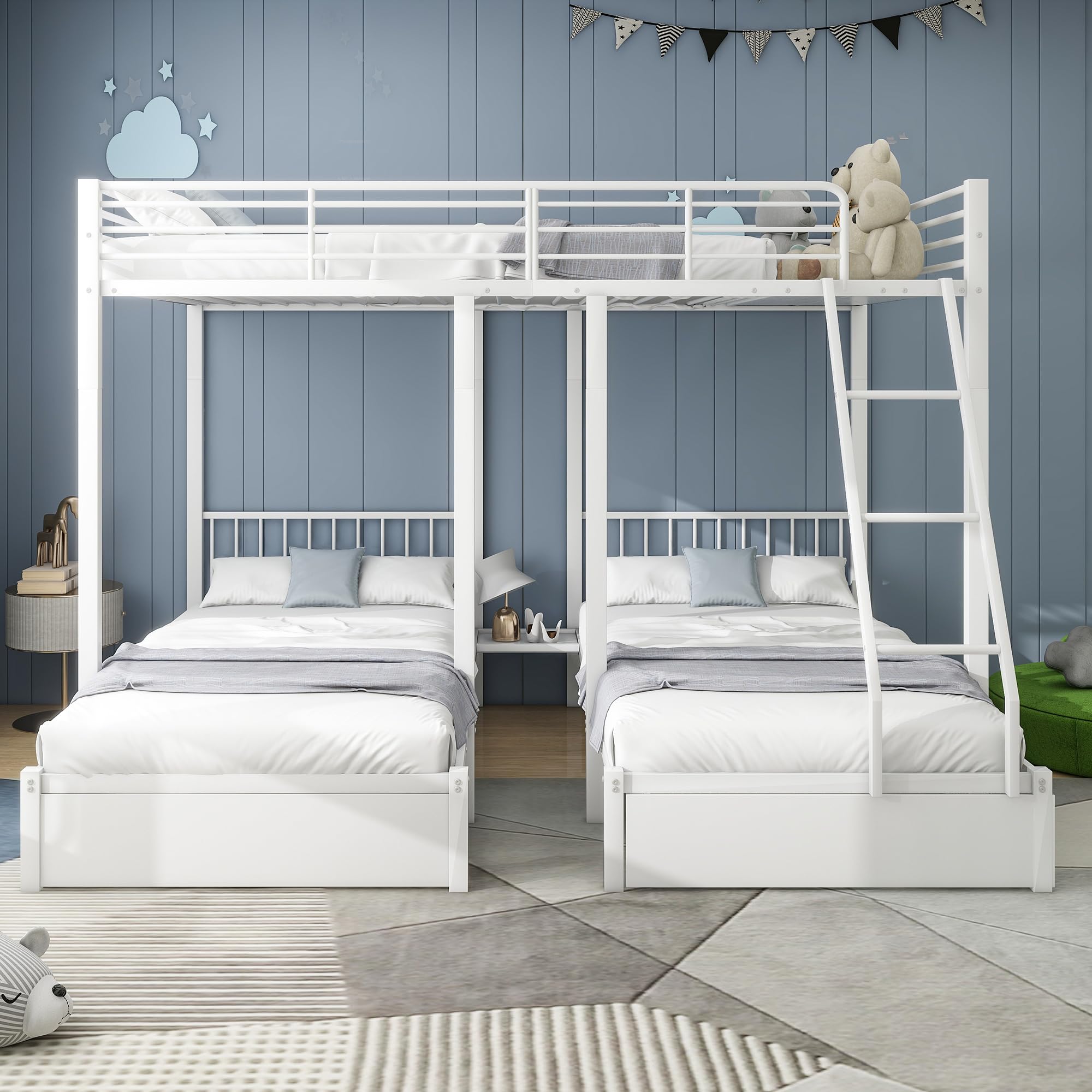 Moimhear Letto a castello triplo con cassetti, trasformabile in letto matrimoniale 140 x 200 e due letti singoli 90 x 200, letto multifunzionale con struttura in metallo (bianco)