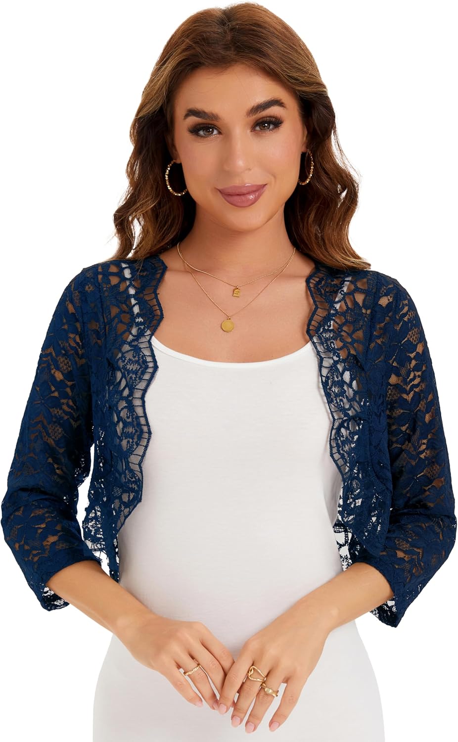 BENANCY Women's Elegant 3/4 Sleeve Sheer Floral Lace Shrug Cardigan - Image 3