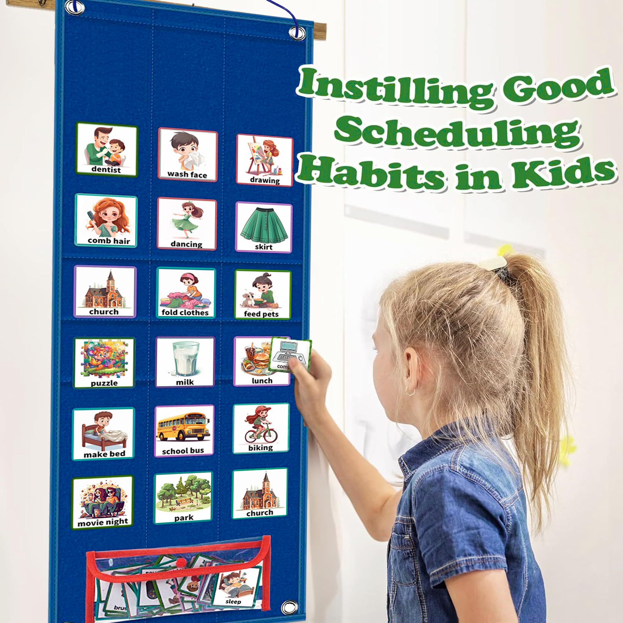 Orario Visivo Grafico Giornaliero Routine per Bambini, Routine Piano Bambini Giornaliera con 96 Carte, Agenda Visiva Bambini Autismo Libro, Calendario Didattico Inglese, Scuola Domestica（Blu）