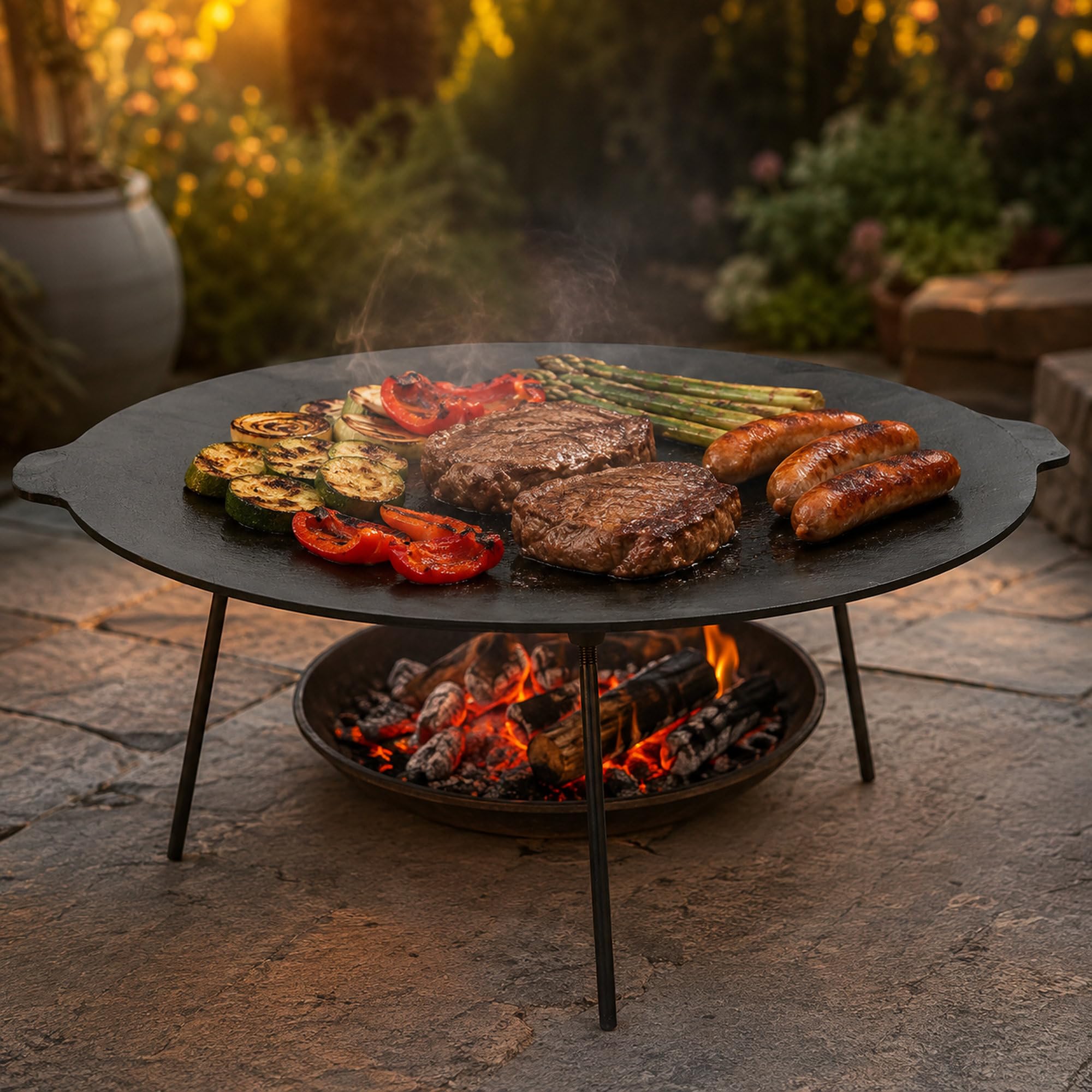 BBQ-Toro Gusseisen Grillplatte Ø 60 cm mit 3 Beinen | rund, bereits eingebrannt | Dutch Oven Ständer mit drei Füßen, Dutch Oven Tisch | Dreibein Grillplatte aus Gusseisen für Lagerfeuer und Grill
