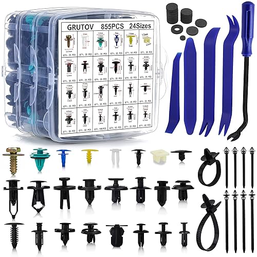 Grutov Pinzas de plástico para automóvil 855 piezas tornillos de metal para automóvil kit de pasadores de presión para panel de parachoques con 10