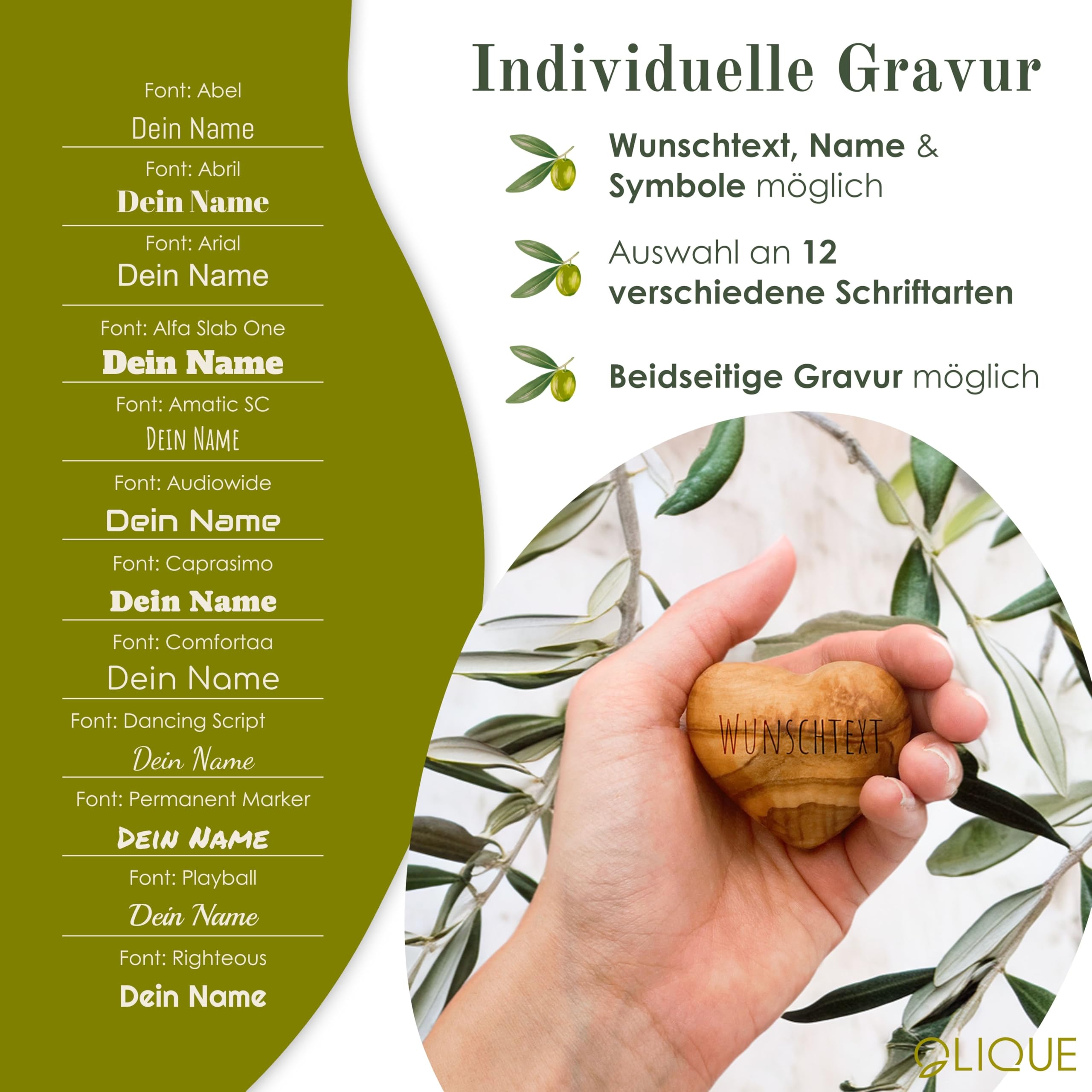 Cœur en bois d'olivier - Bijou artisanal fait main, idéal comme cadeau pour la naissance, le baptême, la communion et la confirmation (Avec gravure)