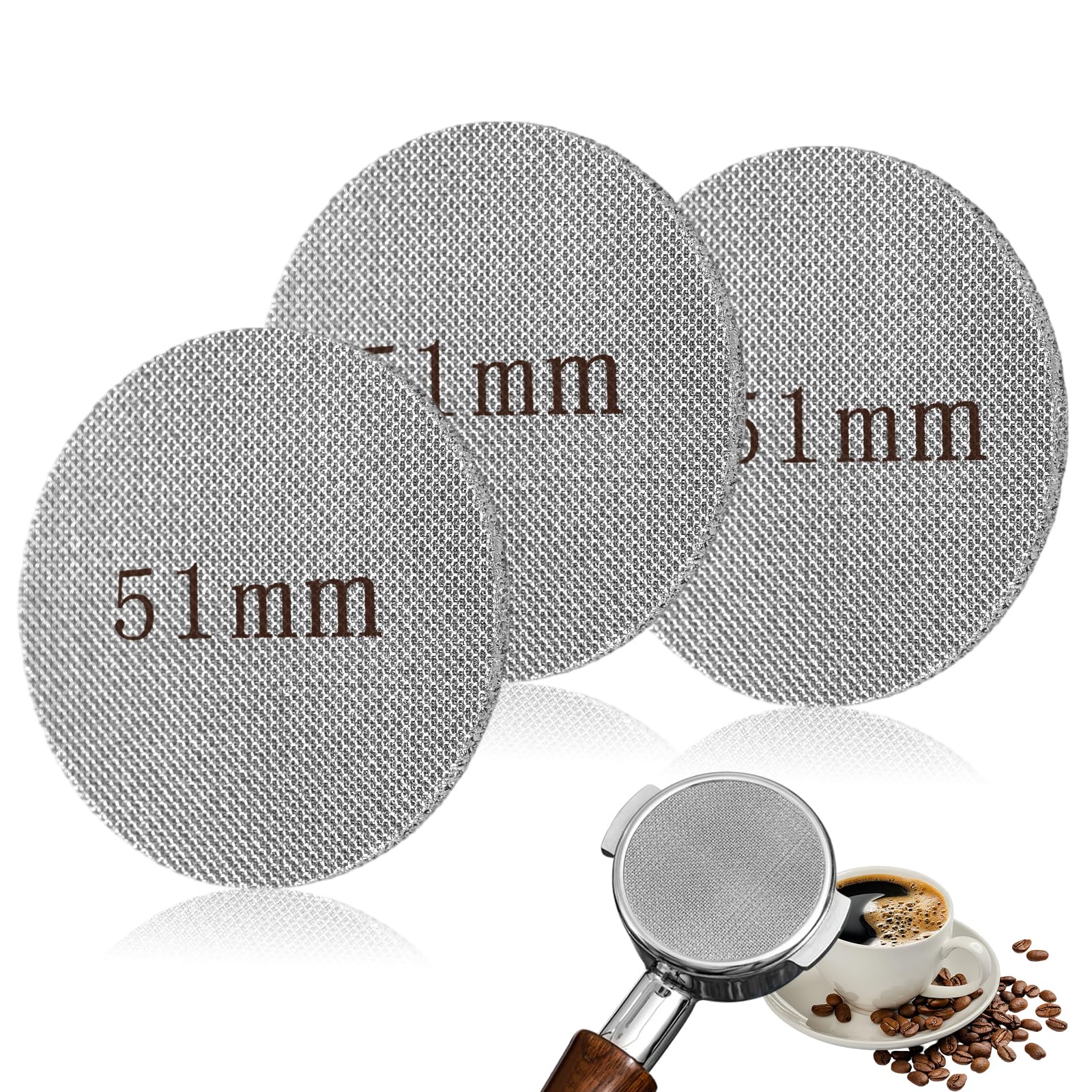 3 sztuki krążków 51 mm, 1,7 mm sitko do espresso do sitka | 150 μm, stal nierdzewna, filtr do kawy, wielokrotnego użytku, do restauracji, kawiarni, cukierni