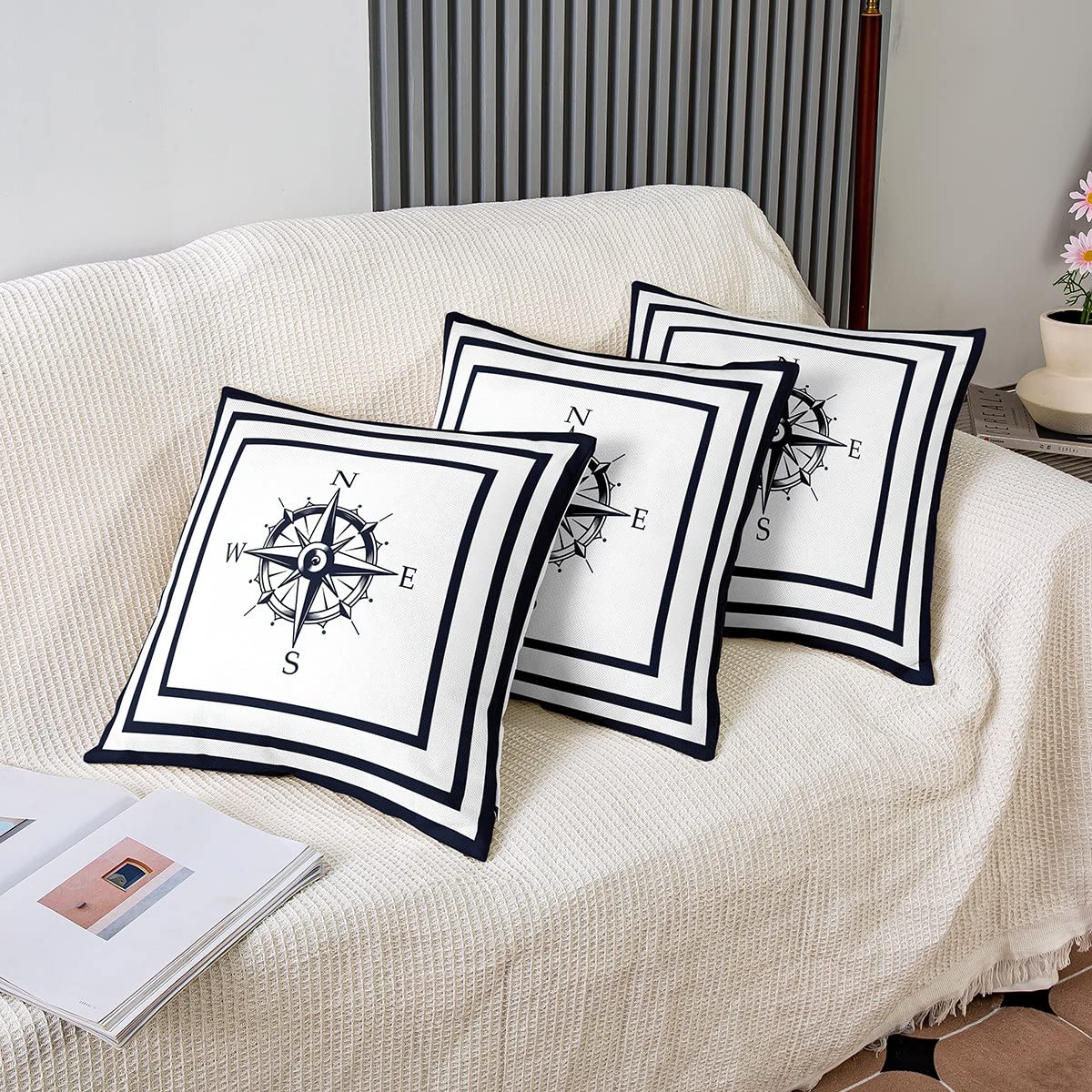 Federe Cuscini 50x50cm Decorativi per Divano Esterno Fodera per Cuscino in Lino Impermeabili Nautico Ancora Timone Bussola Barca a Vela Copricuscini per Divani Casa Camera da Letto Decorazione 4 Pack