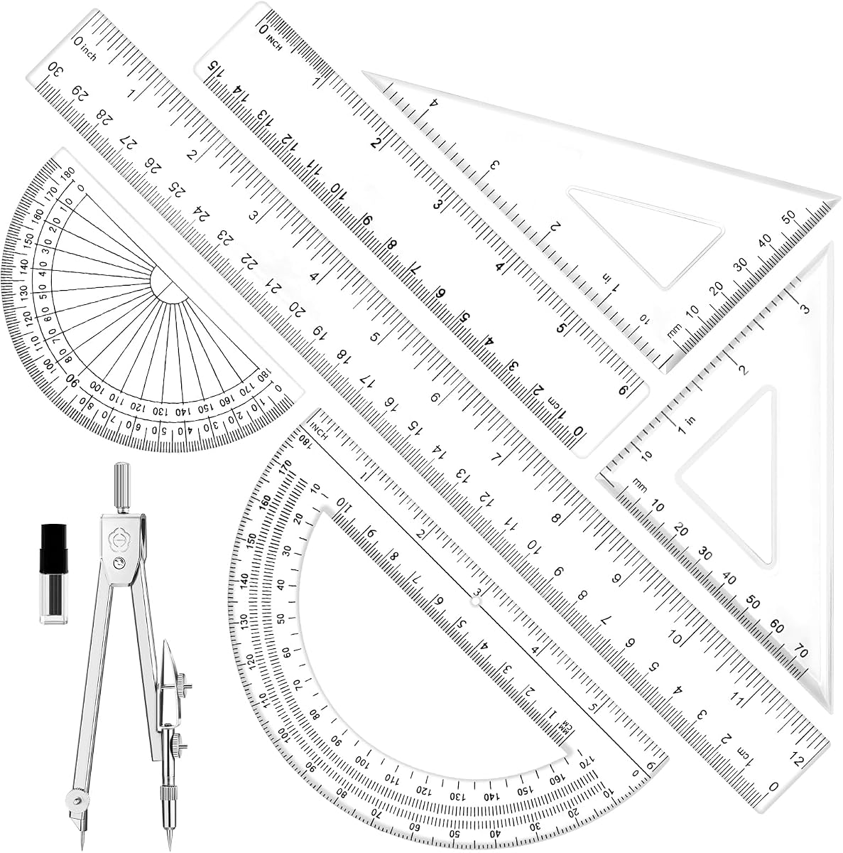 Juego de geometría de 7 piezas: reglas de plástico transparente, regla triangular, transportador, brújula | Juego de reglas de 12 y 6 pulgadas para escuela, oficina, matemáticas, dibujo, ingeniería, arquitectura, arte
