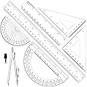 Geometry Set - 7Pcs Geometry Kit with Clear Plastic Ruler 12Inch & 6Inch, Triangle Ruler, Protractor and Compass Set for School Office Math Drawing Drafting Engineering Architecture Art
