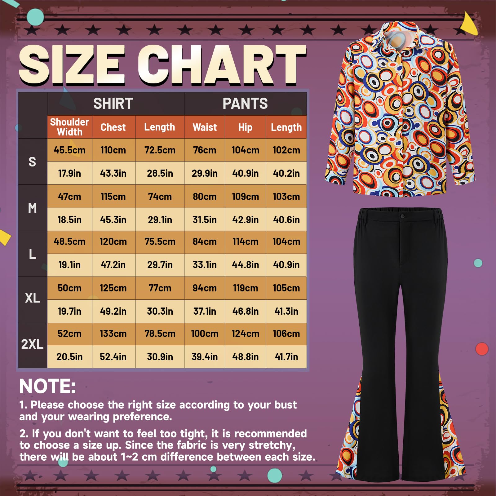 Ulikey Déguisement Année 70 Homme, Tenue Année 6070 Hommes Ensemble de Costume Rétro Hippie avec Perruque, Chemise, Pantalon à Pattes d'éléphant et Accessoires Disco pour Carnaval