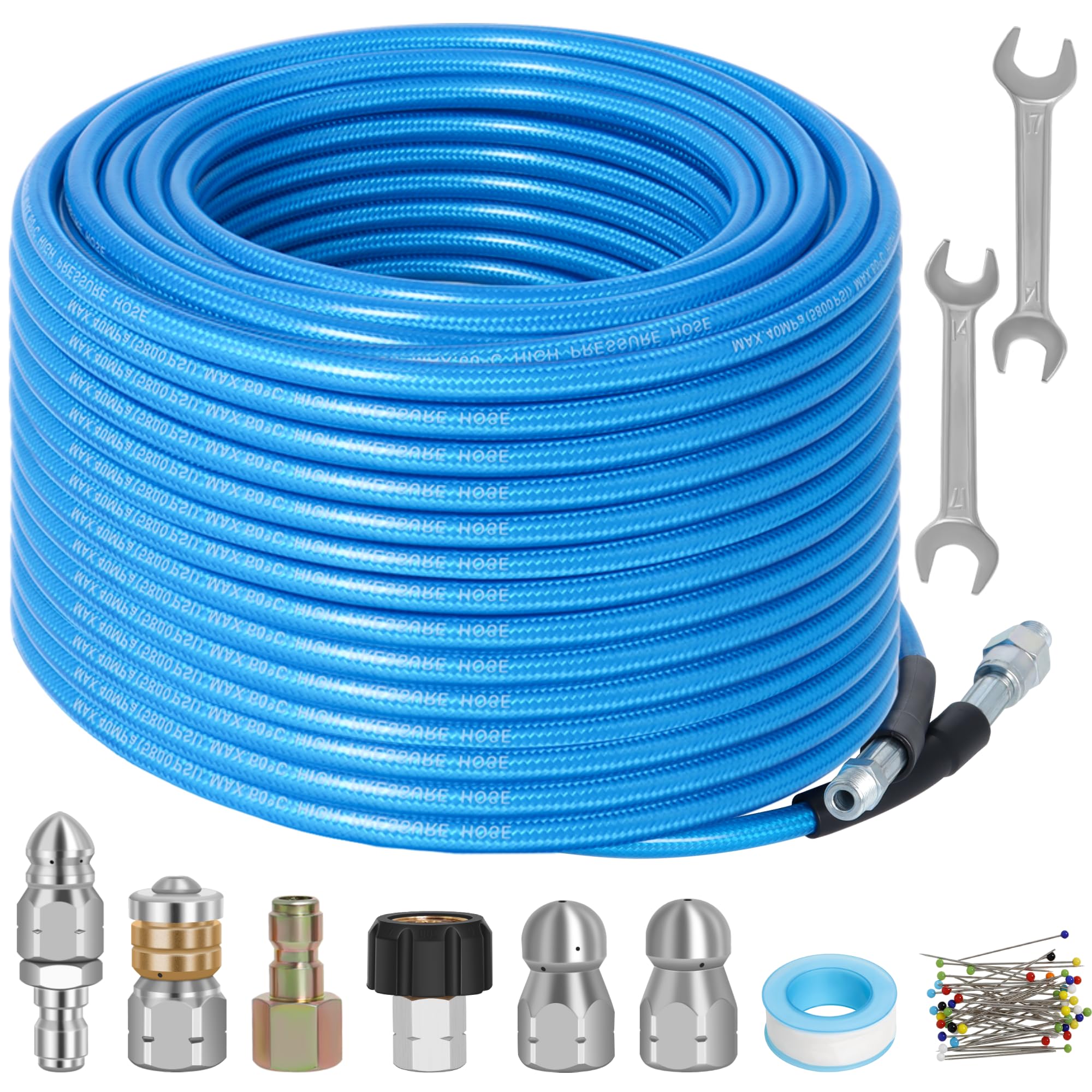 100 FT Sewer Jetter Kit for Pressure Washer, 5800PSI Water Jet Drain Cleaner Hose, 1/4 Inch NPT Corner with 4 Sewer Jetting Nozzles, Pearl Corsage Pin, Waterproof Tape, Handle Strap&2 Spanner (Blue)