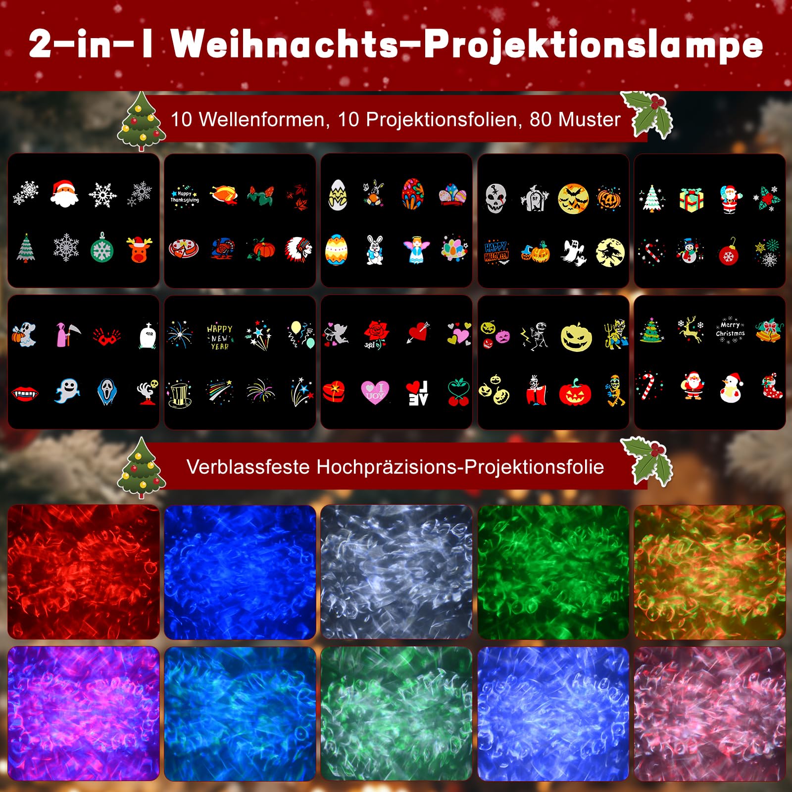 Projektor Weihnachten Aussen, GuKKK 2-in-1 LED Projektionslampe mit 10 Schaltbare Muster 10 Welleneffekt, Wasserdichte Christmas Lights mit Fernbedienung für Weihnachtsbeleuchtung Außen Innen