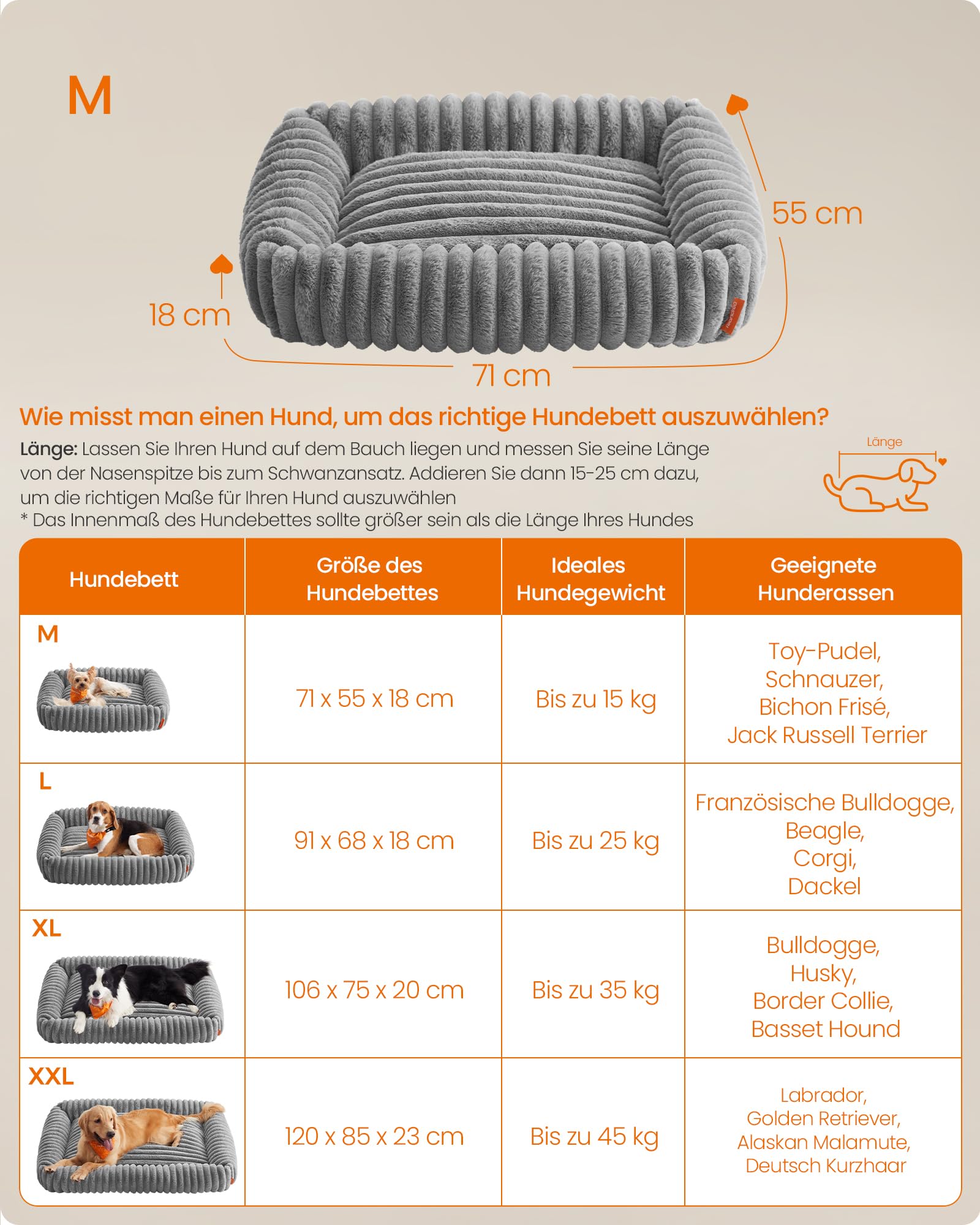 Feandrea Hundebett, mittelgroßes orthopädisches Hundekörbchen, Hundekissen waschbar, Flauschige Hundematte, weiche Polsterung, 71 x 55 x 18 cm, Taubengrau PGW311GD01