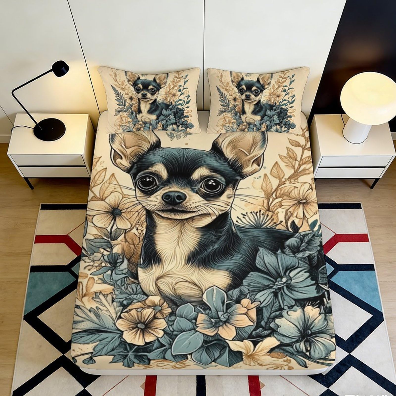 3D Printed Chihuahua Dog Fitted Sheet Microfiber Soft Breathable Floral Bed Cover for Bedroom Dormitory Guest Room Mattress Protection Decor 120x200x25cm