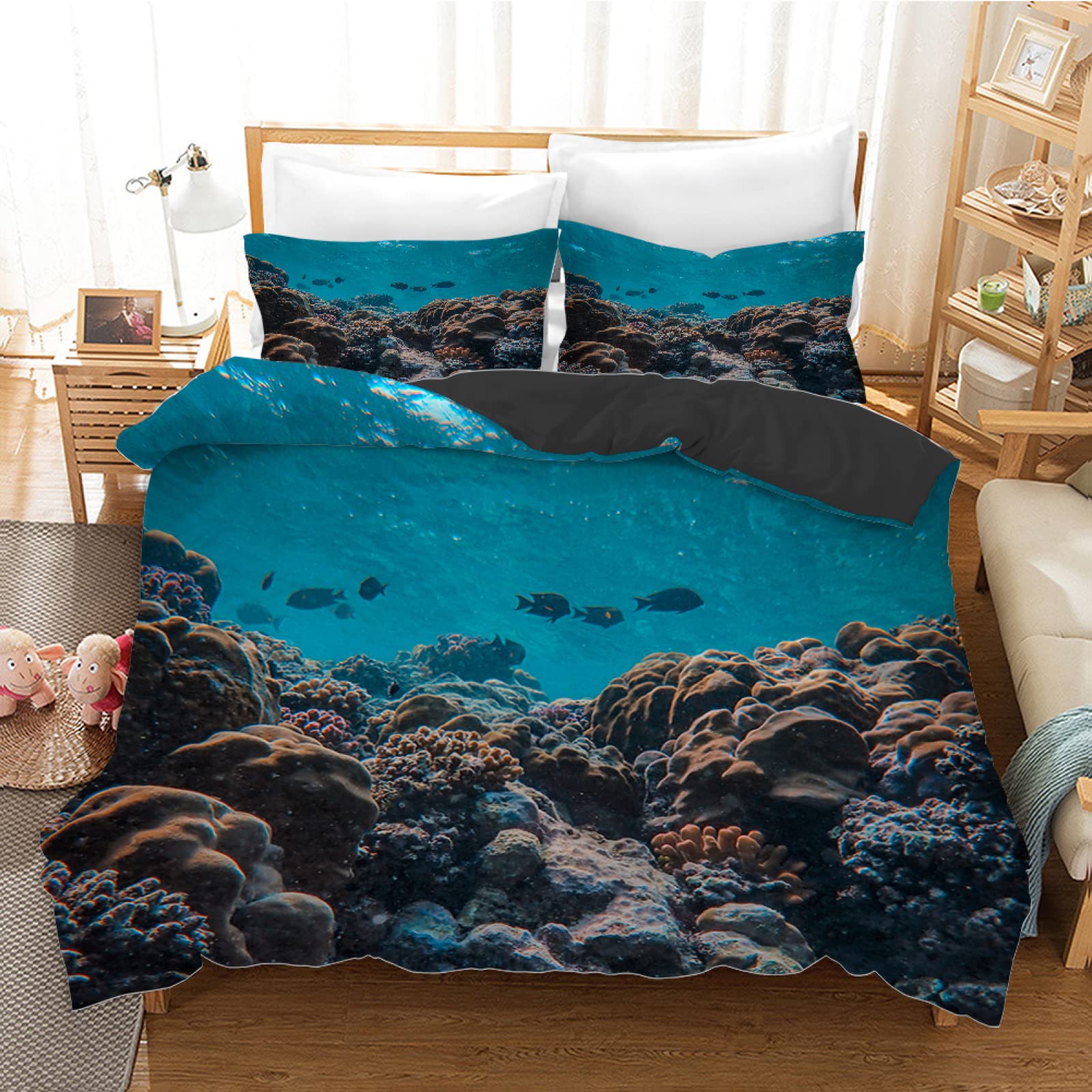 Housse de couette anti-plis 90x190 enfant motif ocean bleu