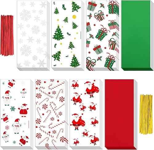 120 bolsas de celofán de Navidad, bolsas de dulces de Navidad, bolsas de galletas con 200 lazos giratorios para suministros de fiesta de Navidad, 8