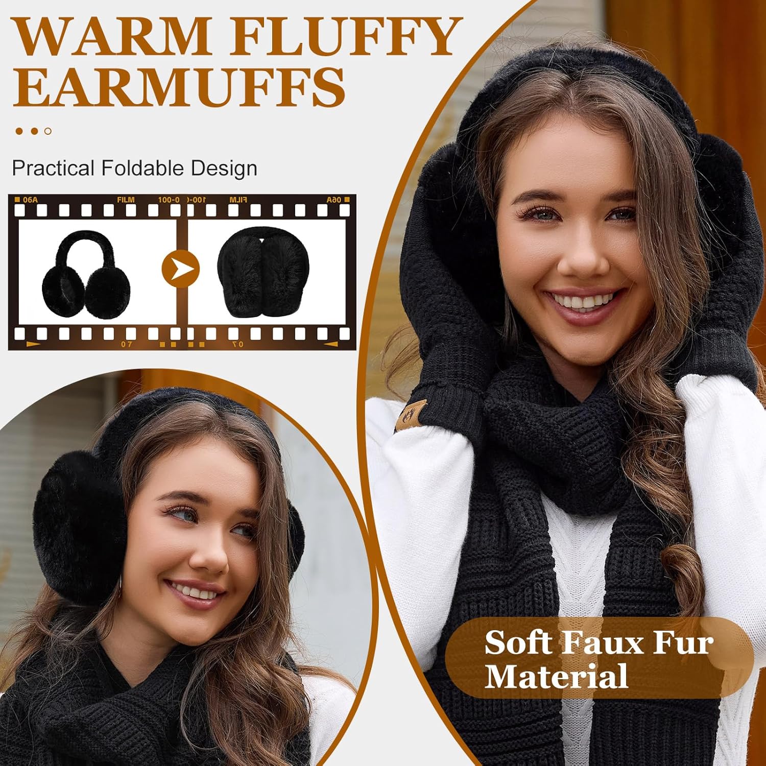 Womens Winter Beanie Hat Scarf Gloves Set Fleece Hat Long Scarf Neck Warmer Ear muffs Fuzzy Socks 5 in 1 Knit Sets - Image 3