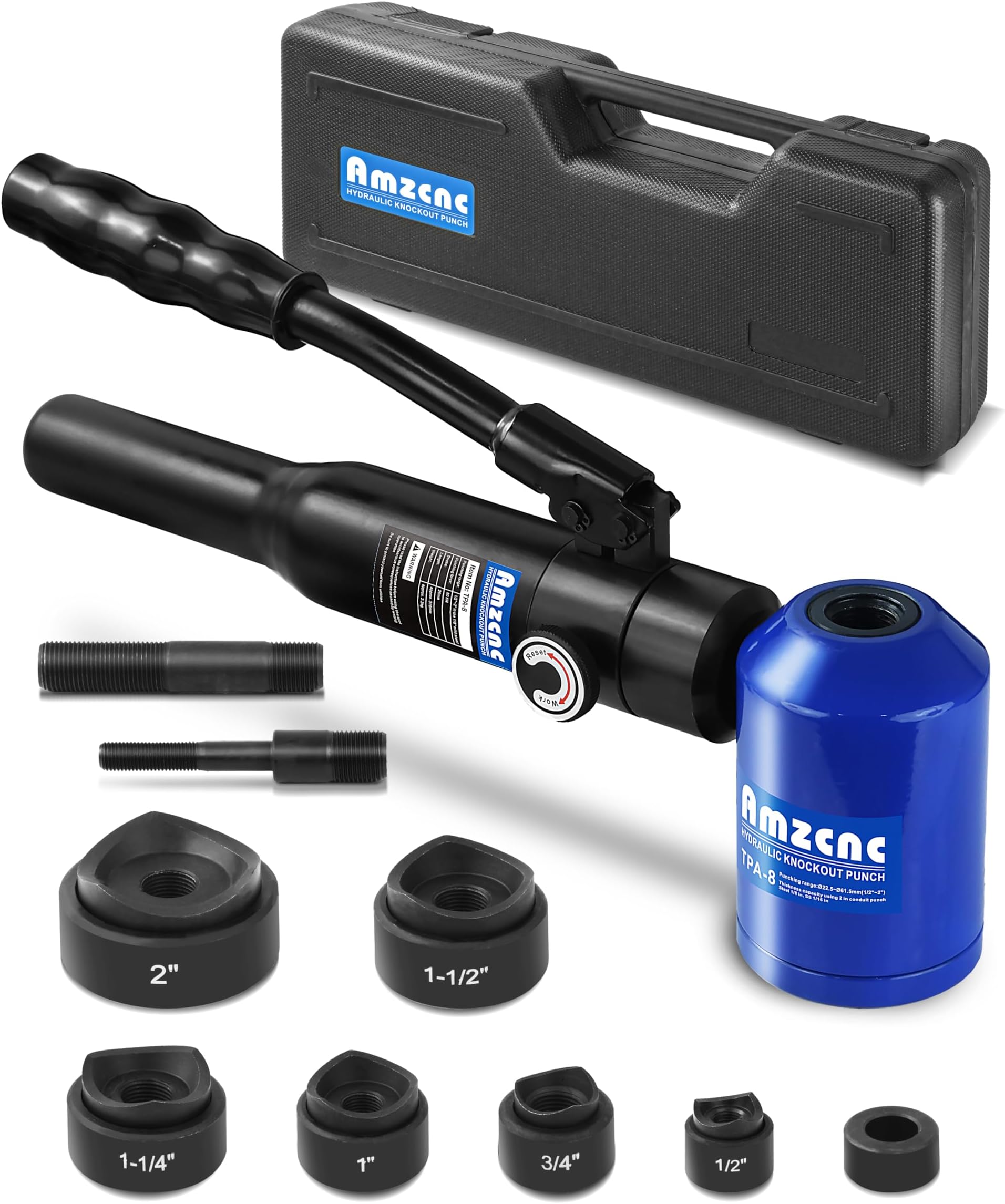 AMZCNC Hydraulic Knockout Hole Punch Driver Kit 1/2 to 2 inch Electrical Conduit Hole Cutter Set KO Tool Kit Metal Sheet Puncher (8TON(1/2"~2"))