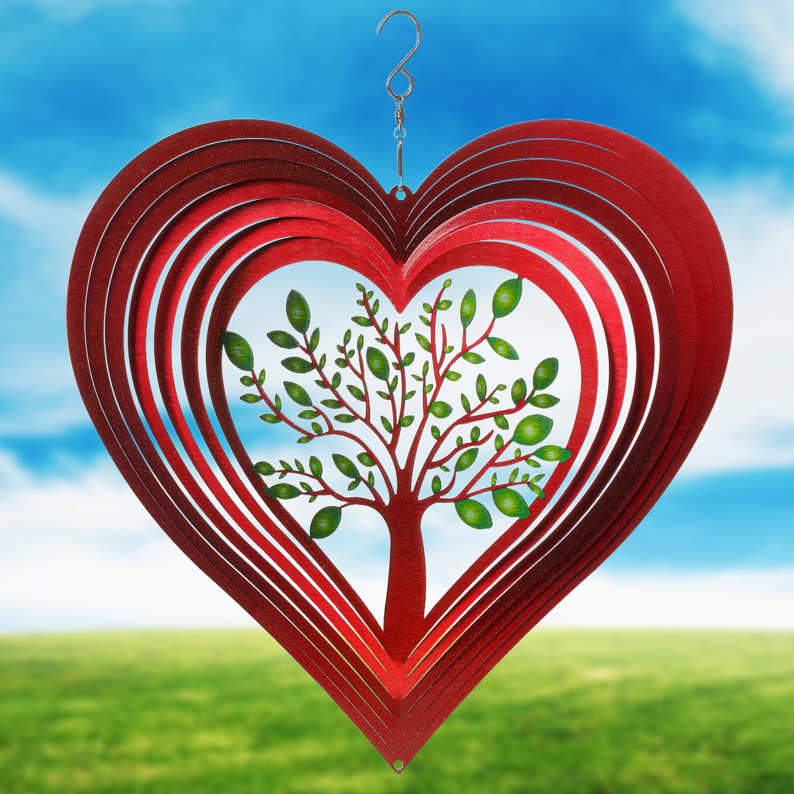 ISEO Heart Wind Spinner, Red, 12 Inch, Elegant, Unique, Rust Resistant, Wood, Outdoor Garden Decoration